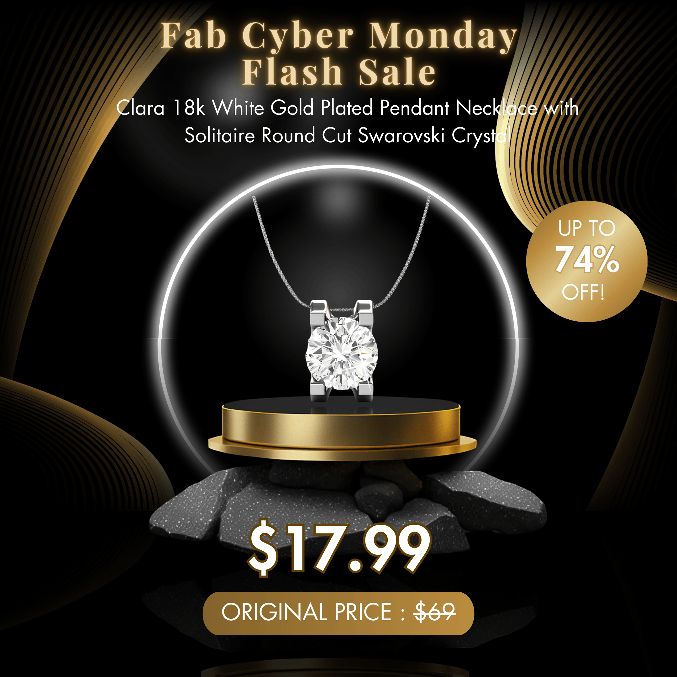 Clara 18k White Gold Plated Pendant Necklace with Solitaire Round Cut Swarovski Crystal - Fab Cyber Monday Flash Sale