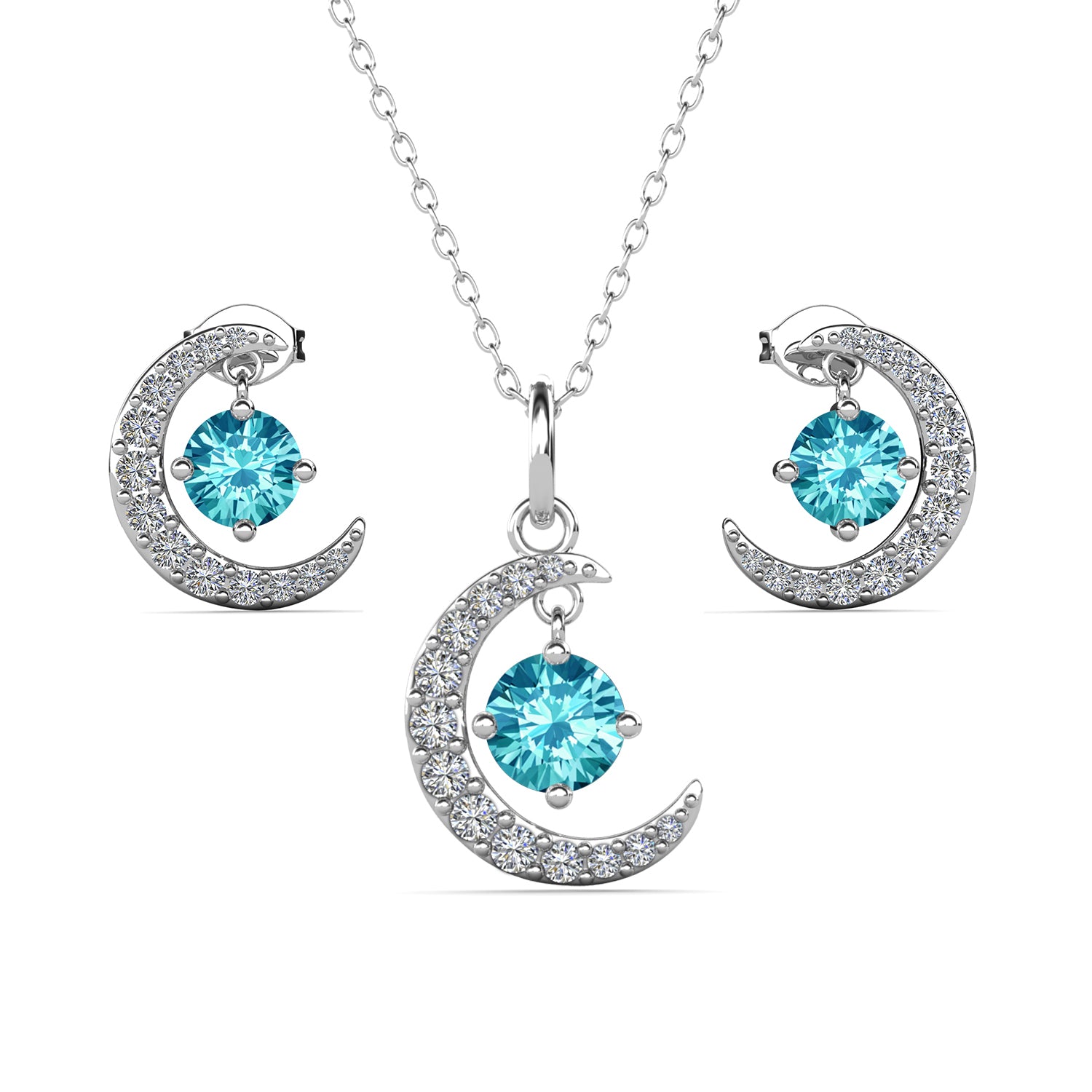 Luna Birthstone 18k White Gold Plated Silver Crescent Earrings and Necklace Set with Swarovski Crystals