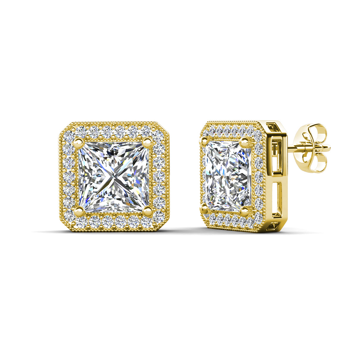 Norah 18k White Gold Plated Princess Cut Halo Stud Earrings with Simulated Diamond Crystals