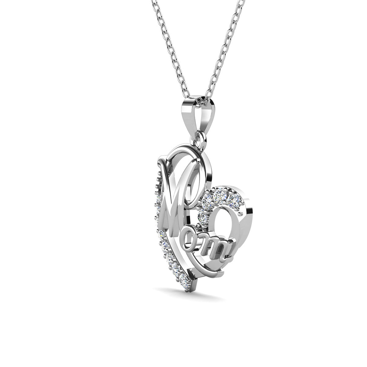 Persephone 18k White Gold Plated Mom Heart Pendant Necklace with Simulated Diamond Crystals
