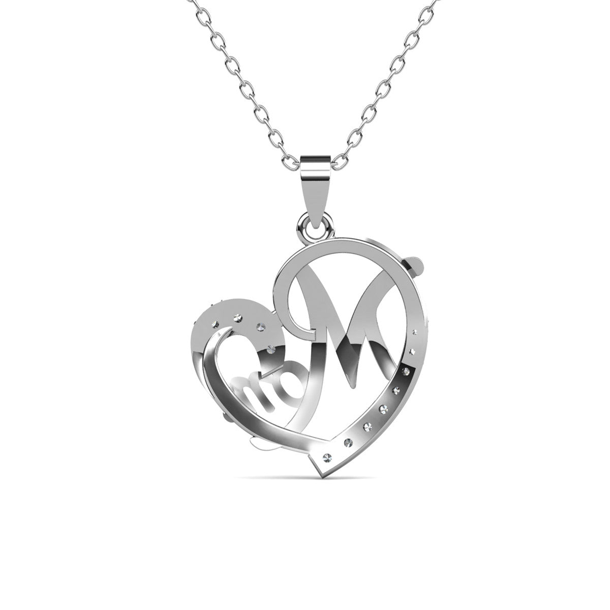 Persephone 18k White Gold Plated Mom Heart Pendant Necklace with Simulated Diamond Crystals