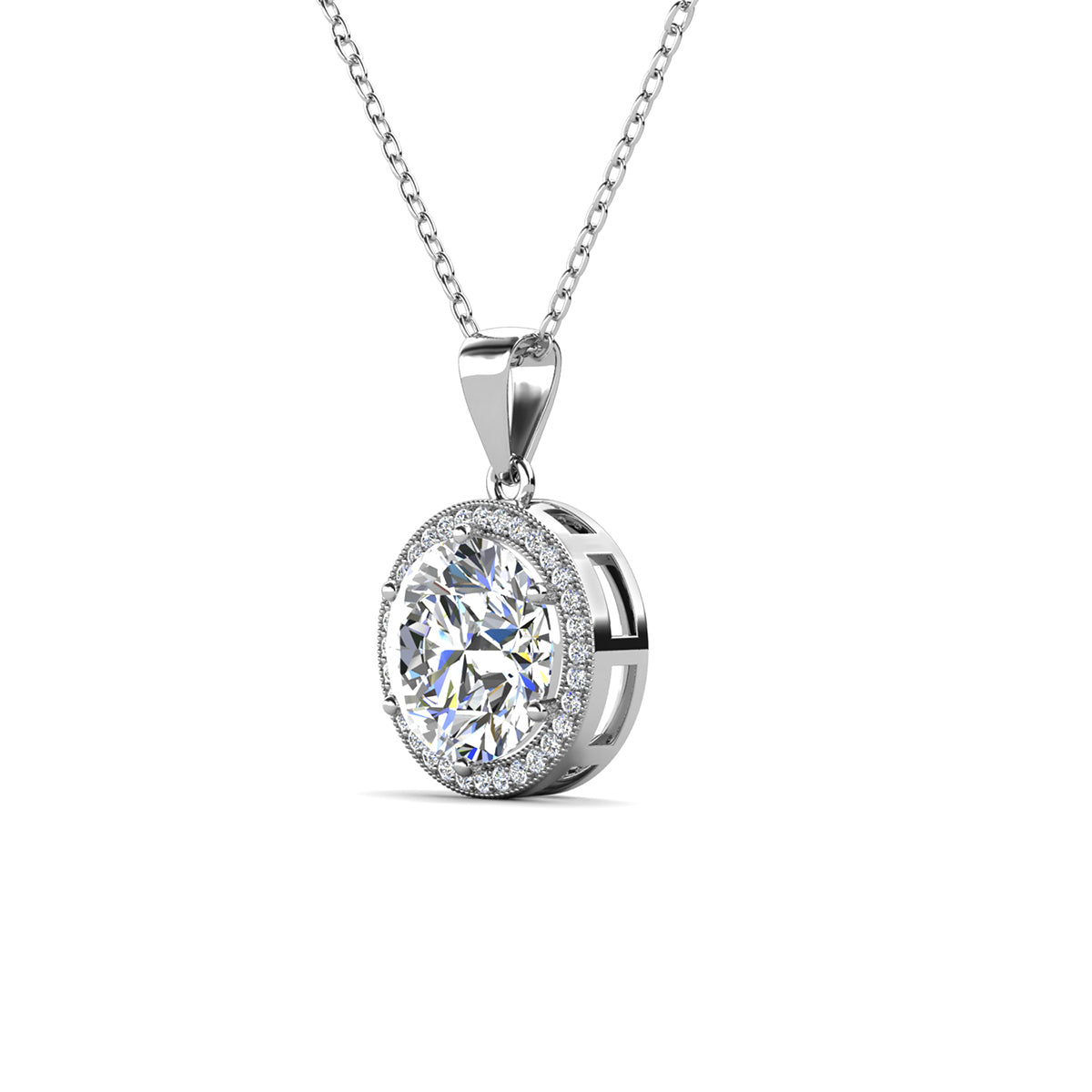 Mariah 18k White Gold Plated Halo Pendant Necklace with Round Cut Simulated Diamond Crystals