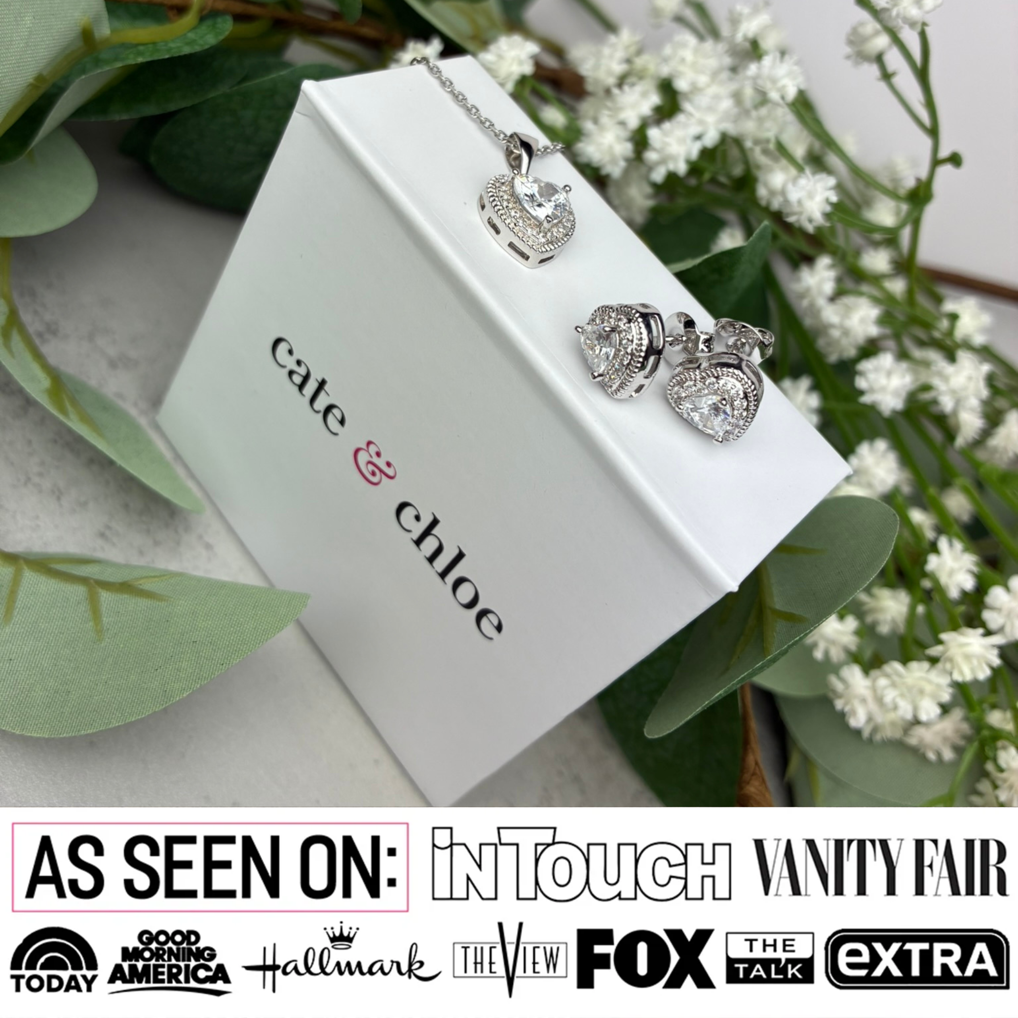 Coraline 18k White Gold Plated Heart Stud Earrings and Necklace Jewelry Set with Simulated Diamond Crystals