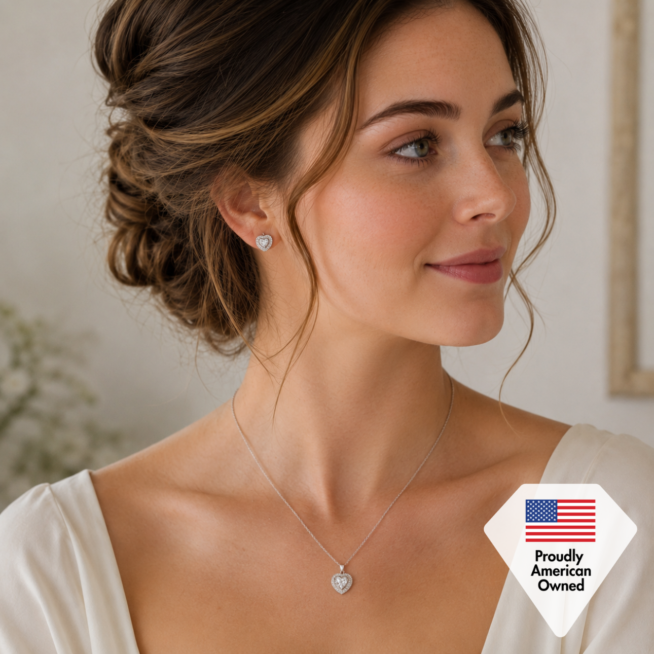 Coraline 18k White Gold Plated Heart Stud Earrings and Necklace Jewelry Set with Simulated Diamond Crystals