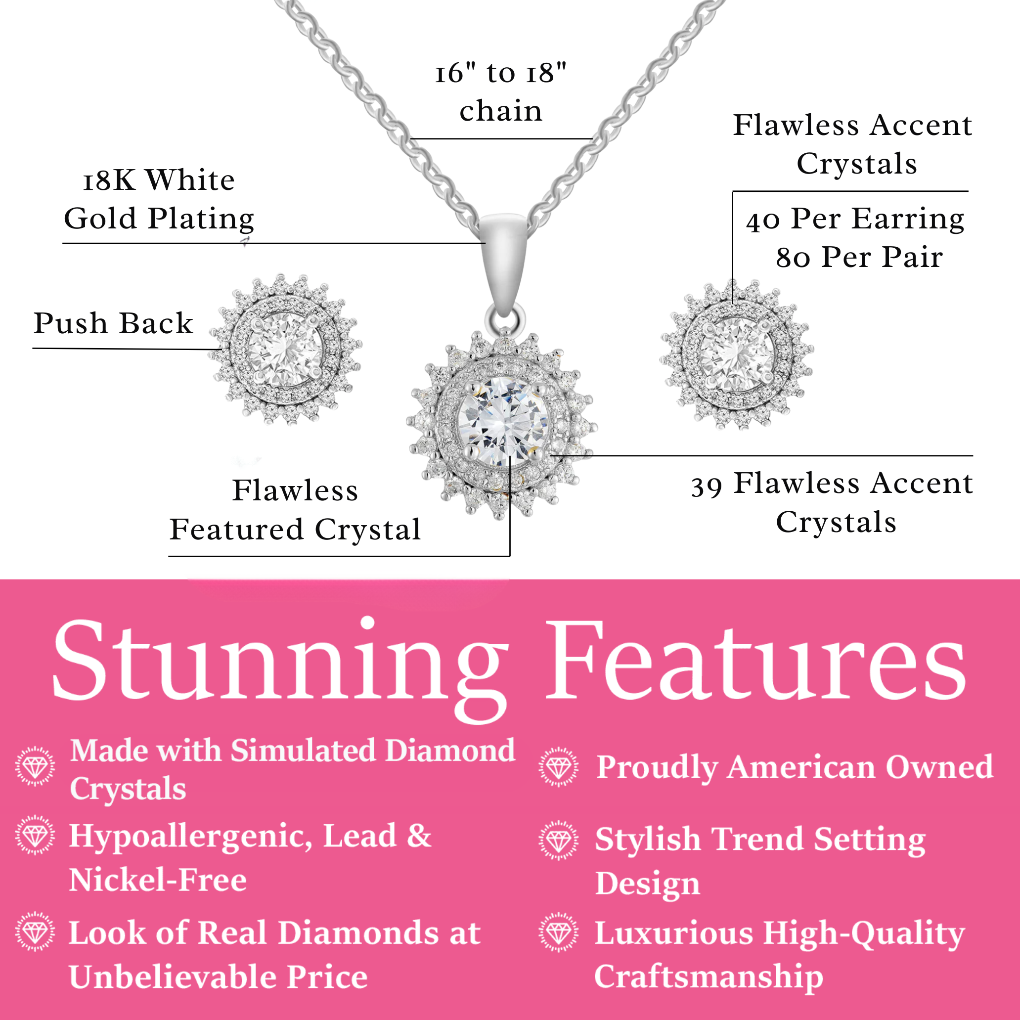 Cordelia 18k White Gold Necklace and Stud Earrings Jewelry Set with Simulated Diamond Crystals