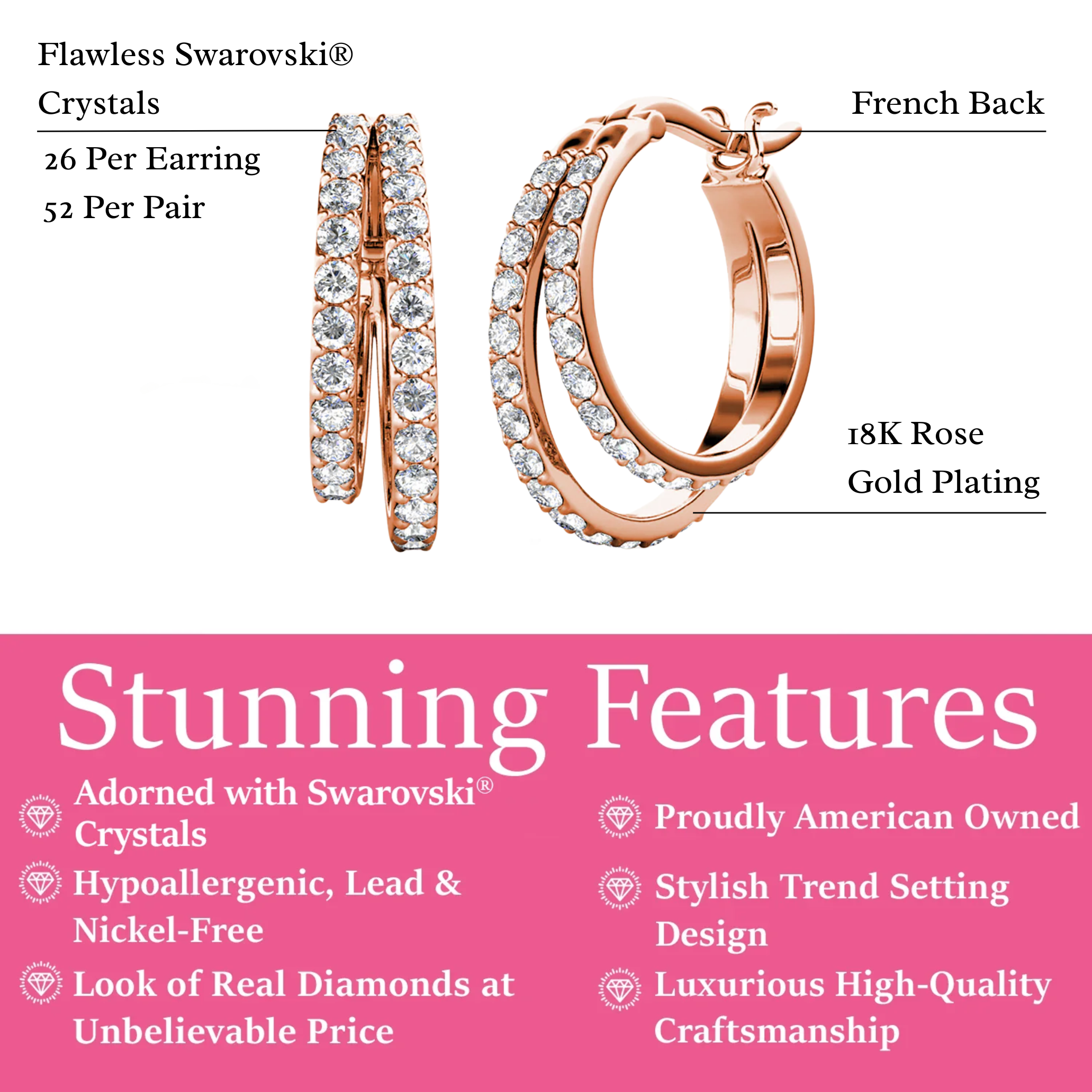 Corina 18k White Gold Plated 20mm Hoop Earrings with Swarovski Crystals (3 Pair Set)