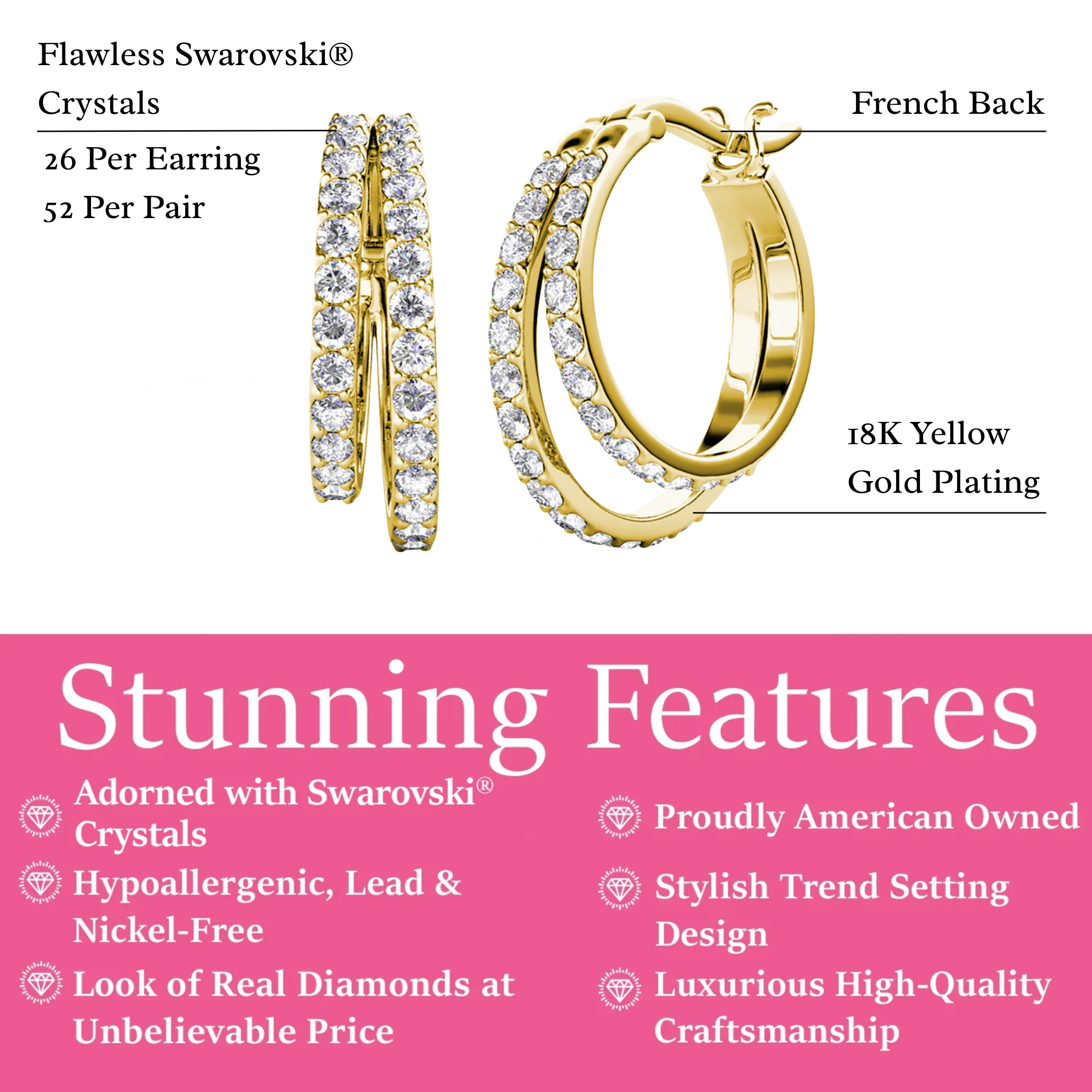 Corina 18k White Gold Plated 20mm Hoop Earrings with Swarovski Crystals (3 Pair Set)