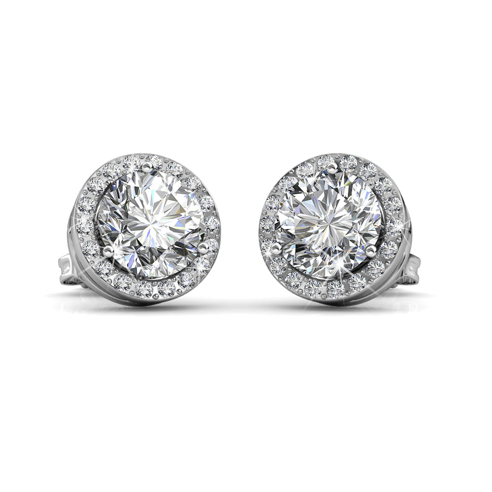 Royal April Birthstone Diamond Earrings, 18k White Gold Plated Silver Halo Earrings with Round Cut Crystals