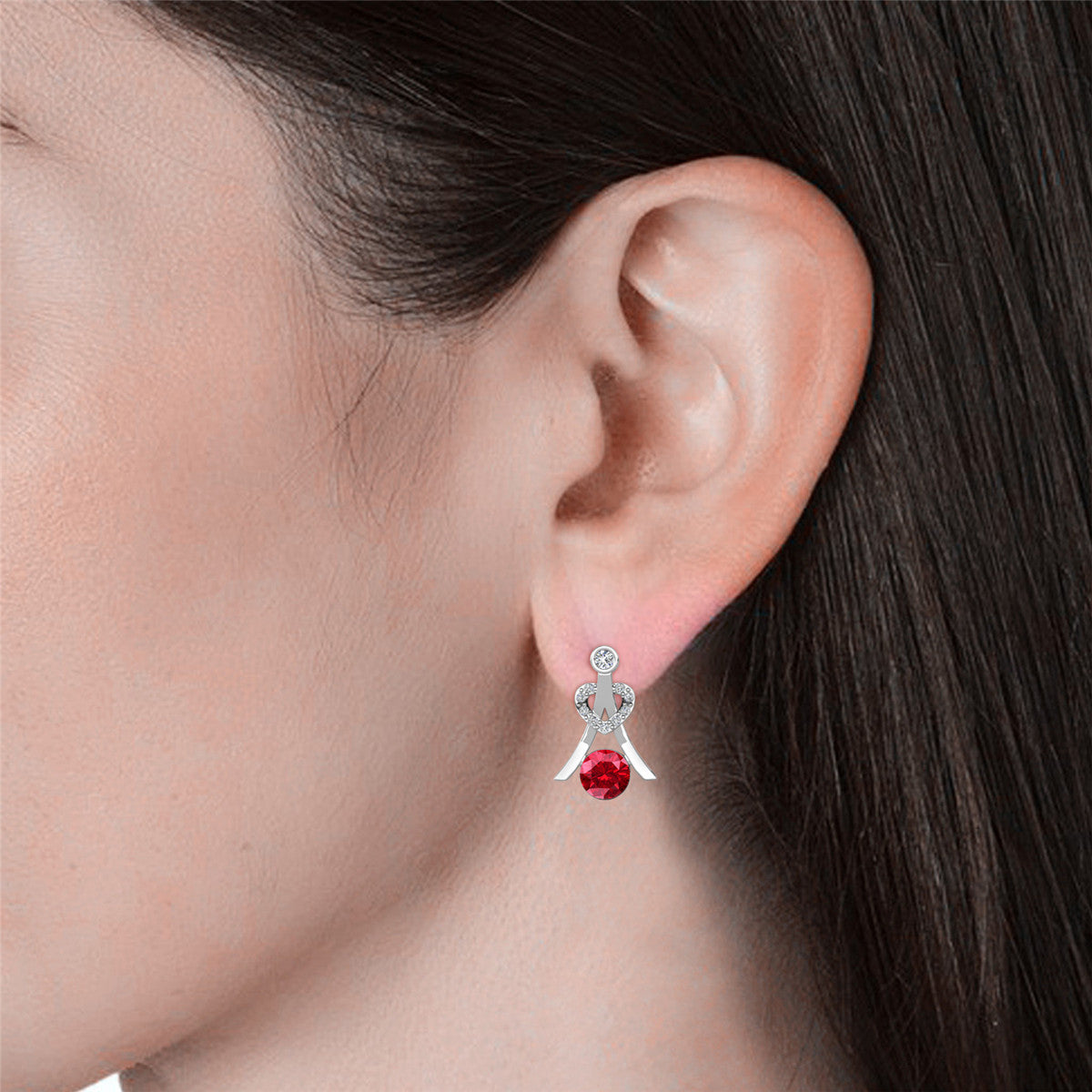 Serenity July Birthstone Ruby Earrings,  18k White Gold Plated Silver Earrings with Round Cut Crystals