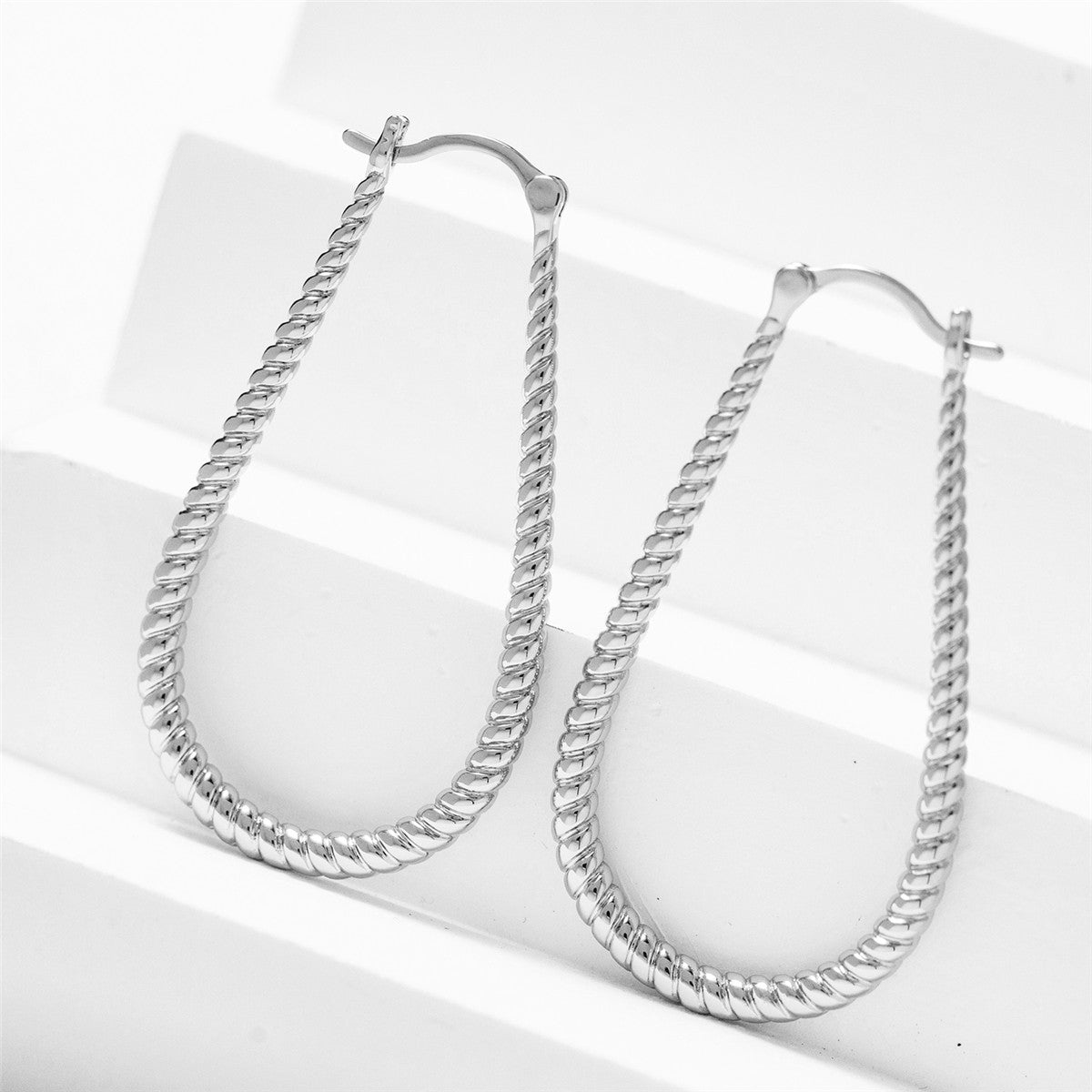 Angelica 18k White Gold Plated 24mm Twisted U-Shaped Hoop Earrings