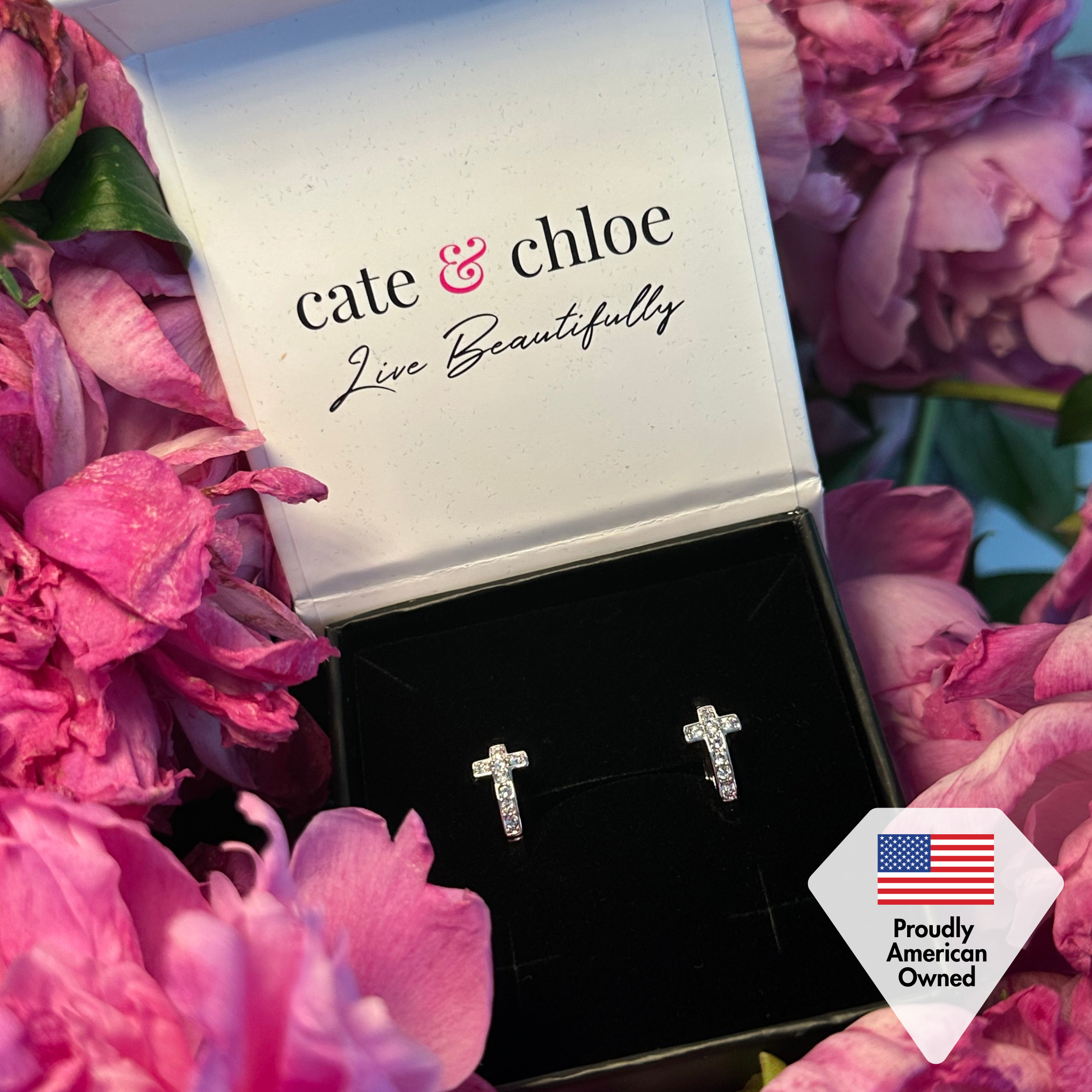 Danielle 18k White Gold Plated 18mm Hoop Cross Earrings with Swarovski Crystals