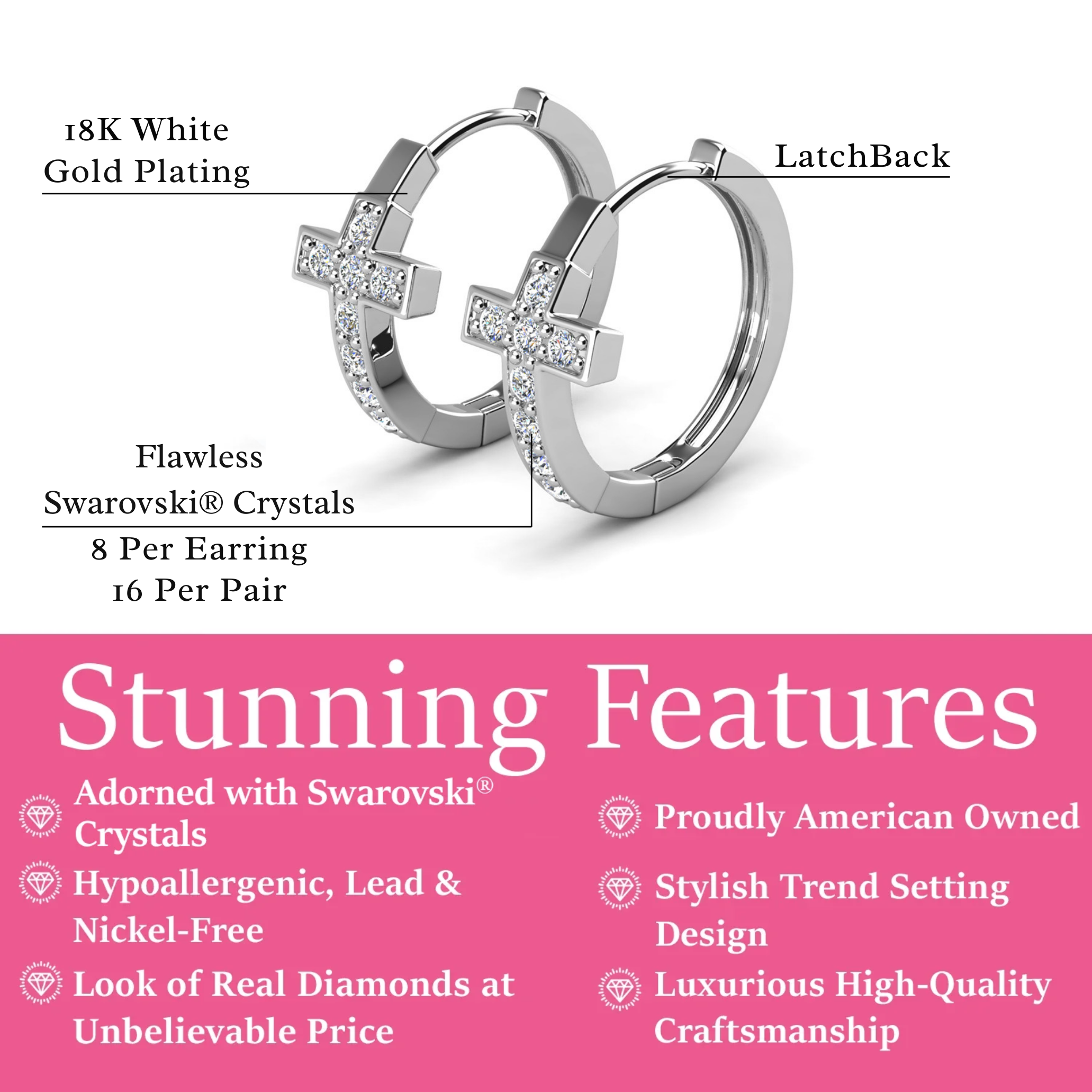 Danielle 18k White Gold Plated 18mm Hoop Cross Earrings with Swarovski Crystals