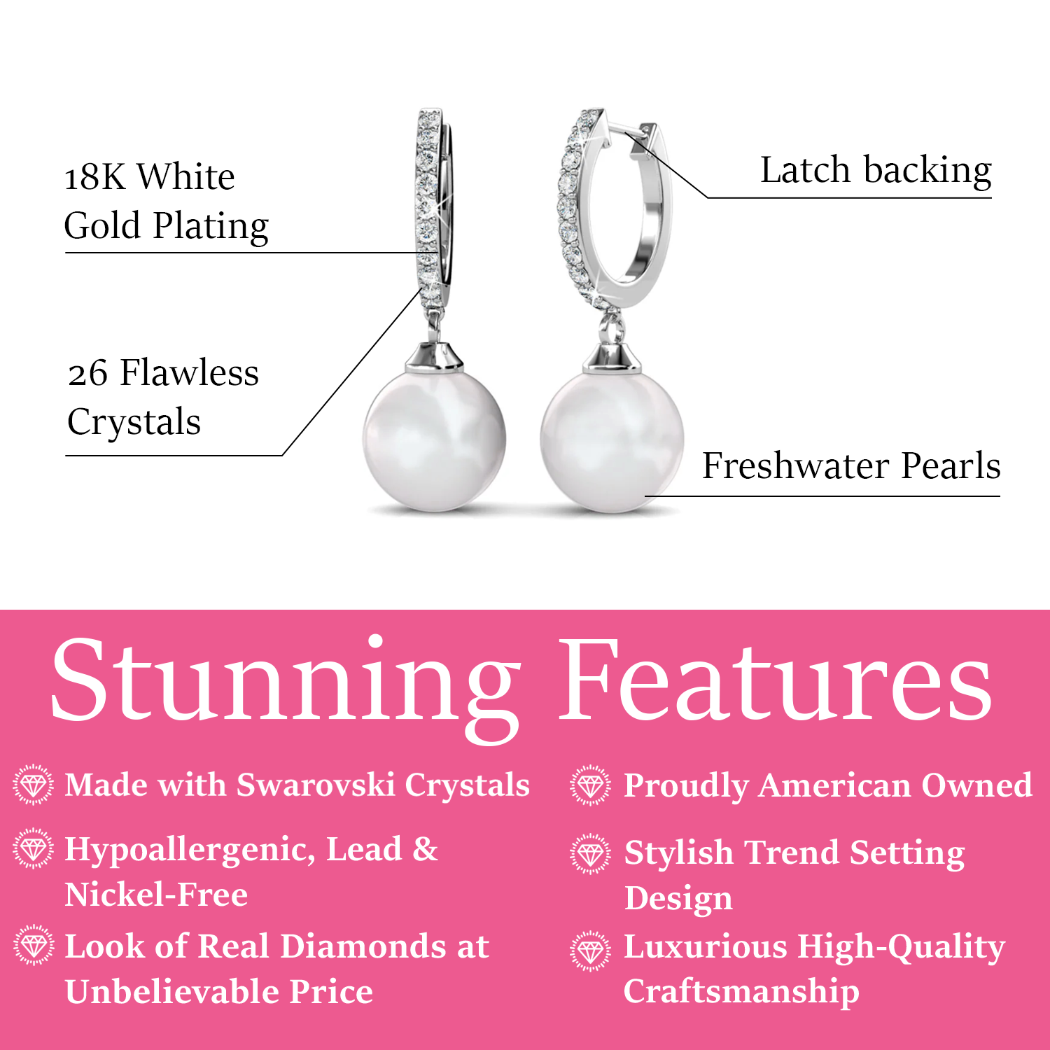 Daphne 18K White Gold Plated Pearl Drop Earrings with Swarovski Crystals