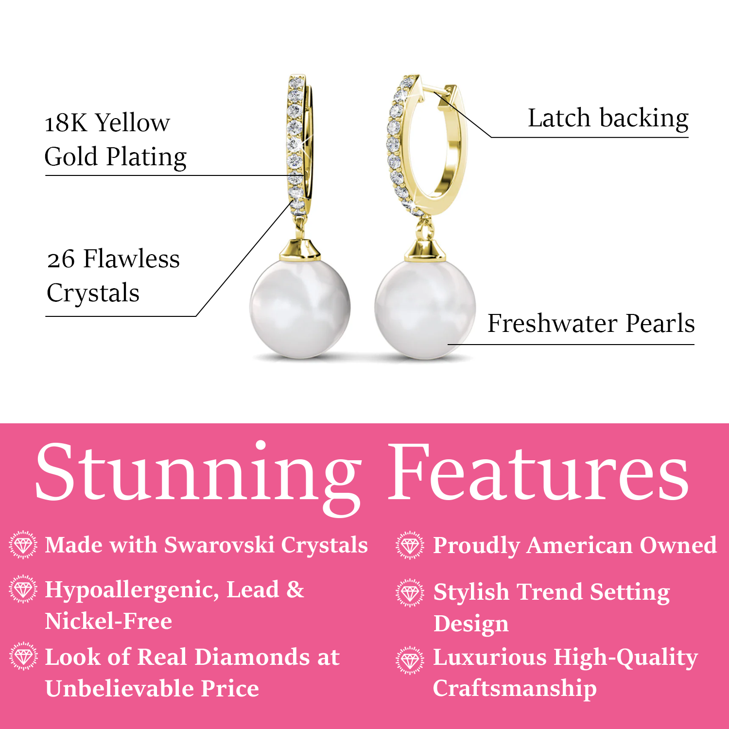 Daphne 18K White Gold Plated Pearl Drop Earrings with Swarovski Crystals