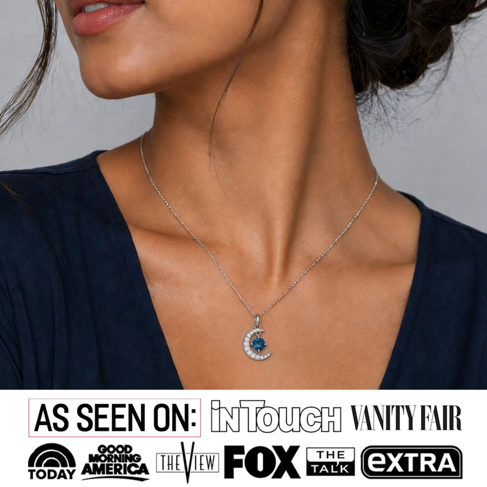 Luna Birthstone Necklace 18k White Gold Plated Crescent Pendant Necklace with Round Cut Swarovski Crystals