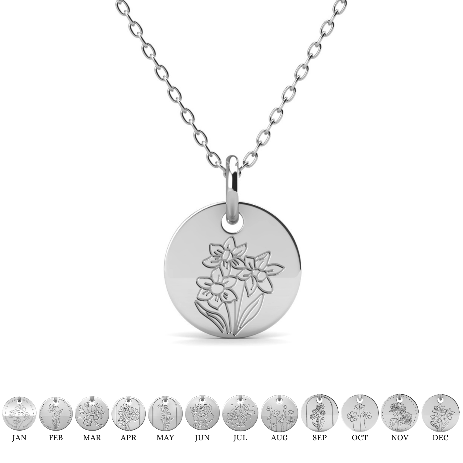 Floral 18k White Gold Plated Engraved Birth Month Flower Pendant Necklace