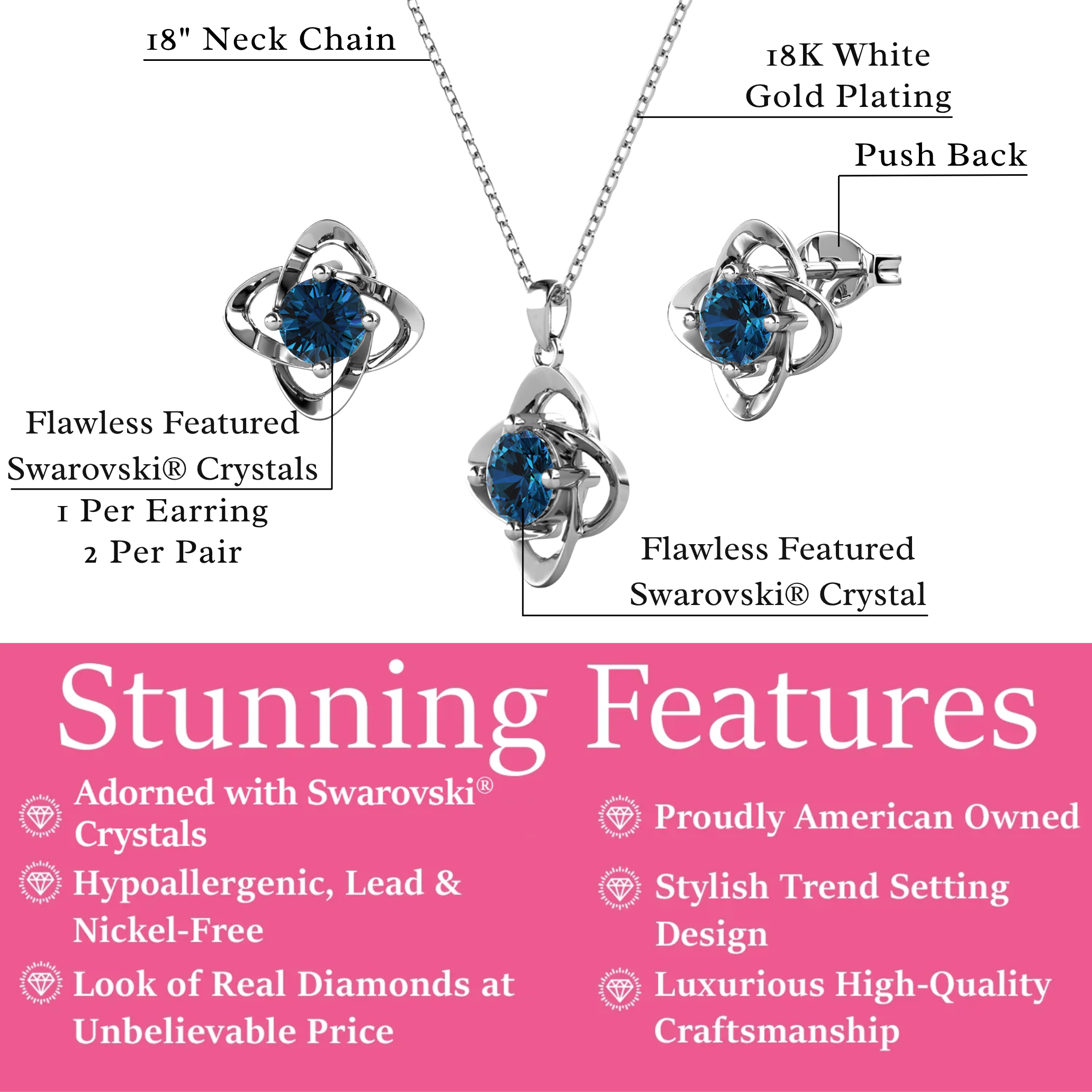 Infinity Birthstone 18k White Gold Plated Stud Earrings and Necklace Set with Swarovski Crystals