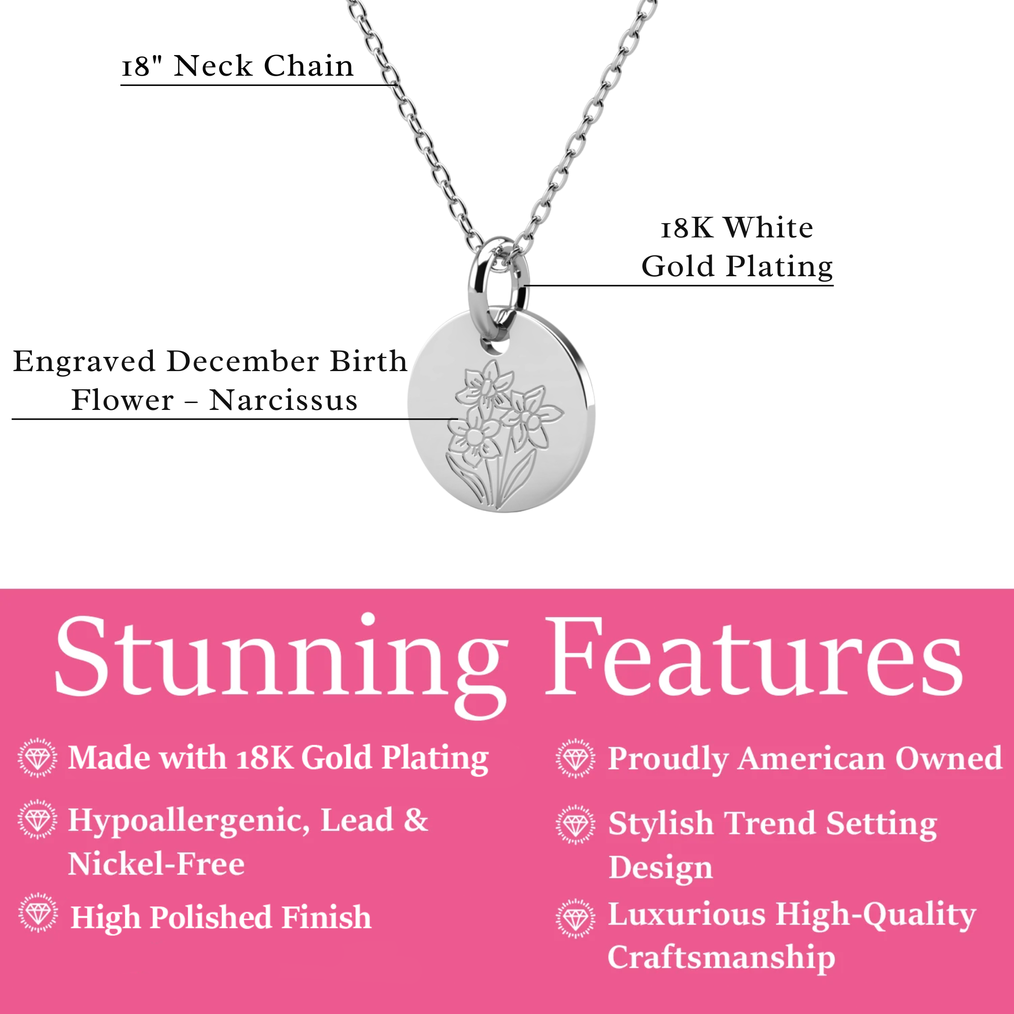 Floral 18k White Gold Plated Engraved Birth Month Flower Pendant Necklace