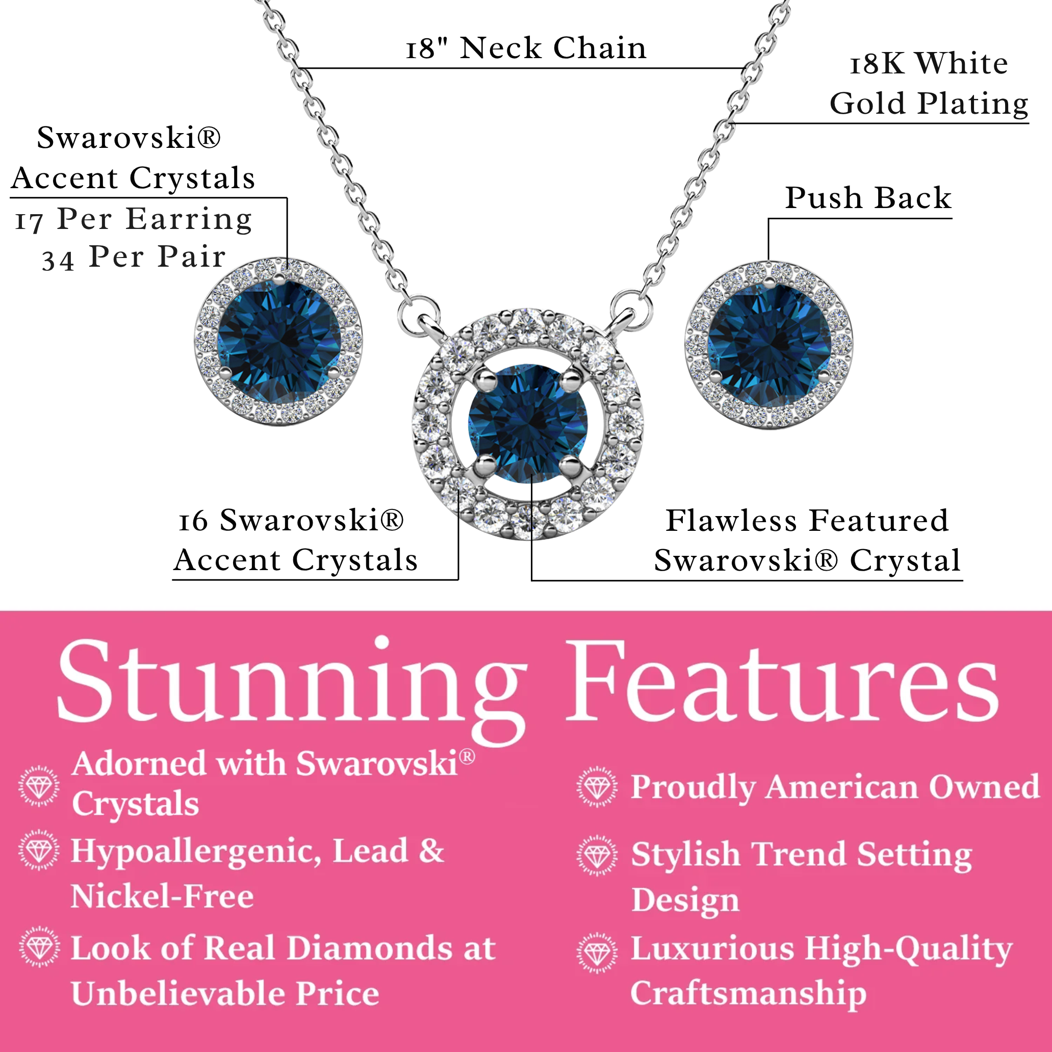 Royal Birthstone 18k White Gold Plated Halo Stud Earrings and Necklace Set with Swarovski Crystals