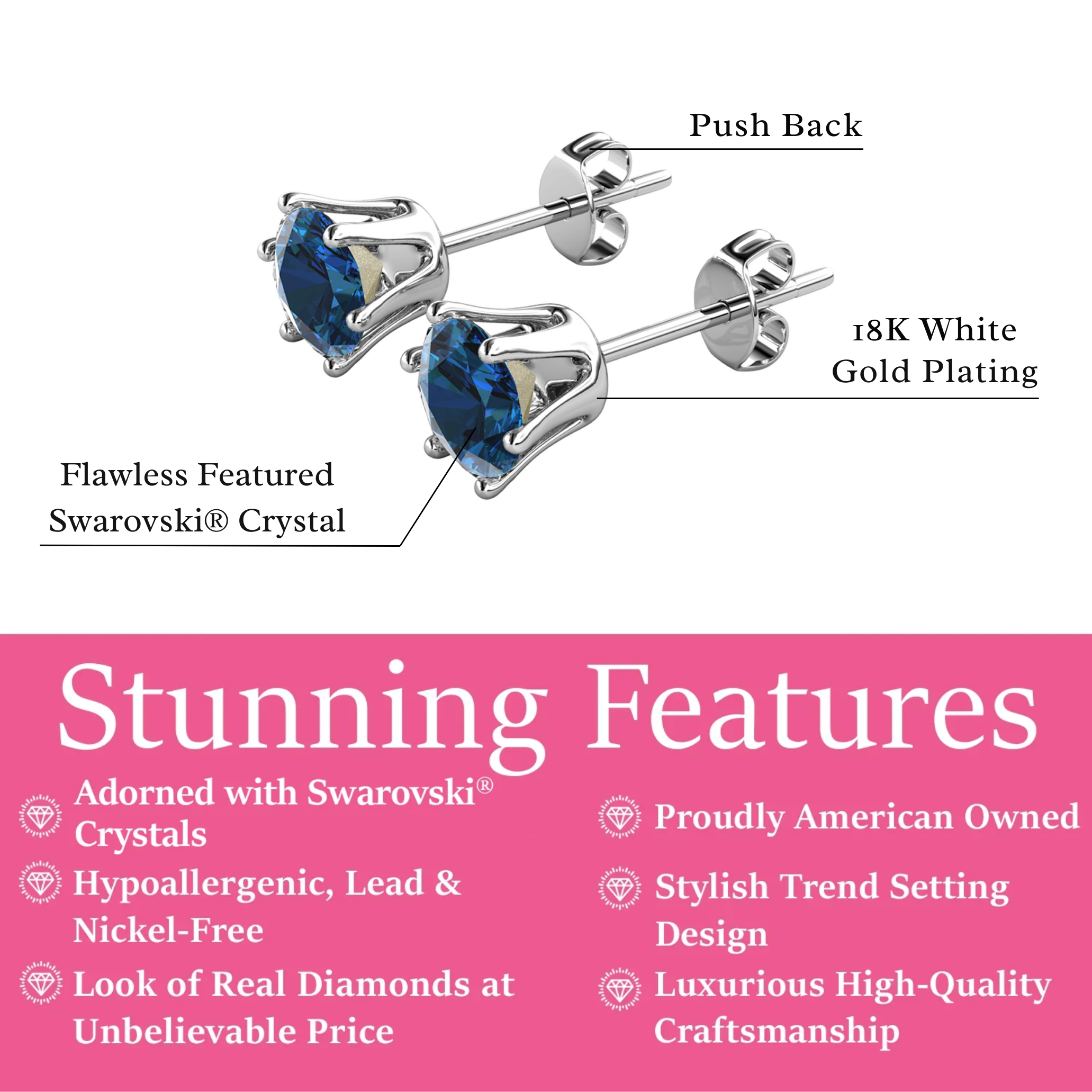 Birthstone Earrings 18k White Gold Plated Stud Earrings with 1ct Solitaire Swarovski Crystals