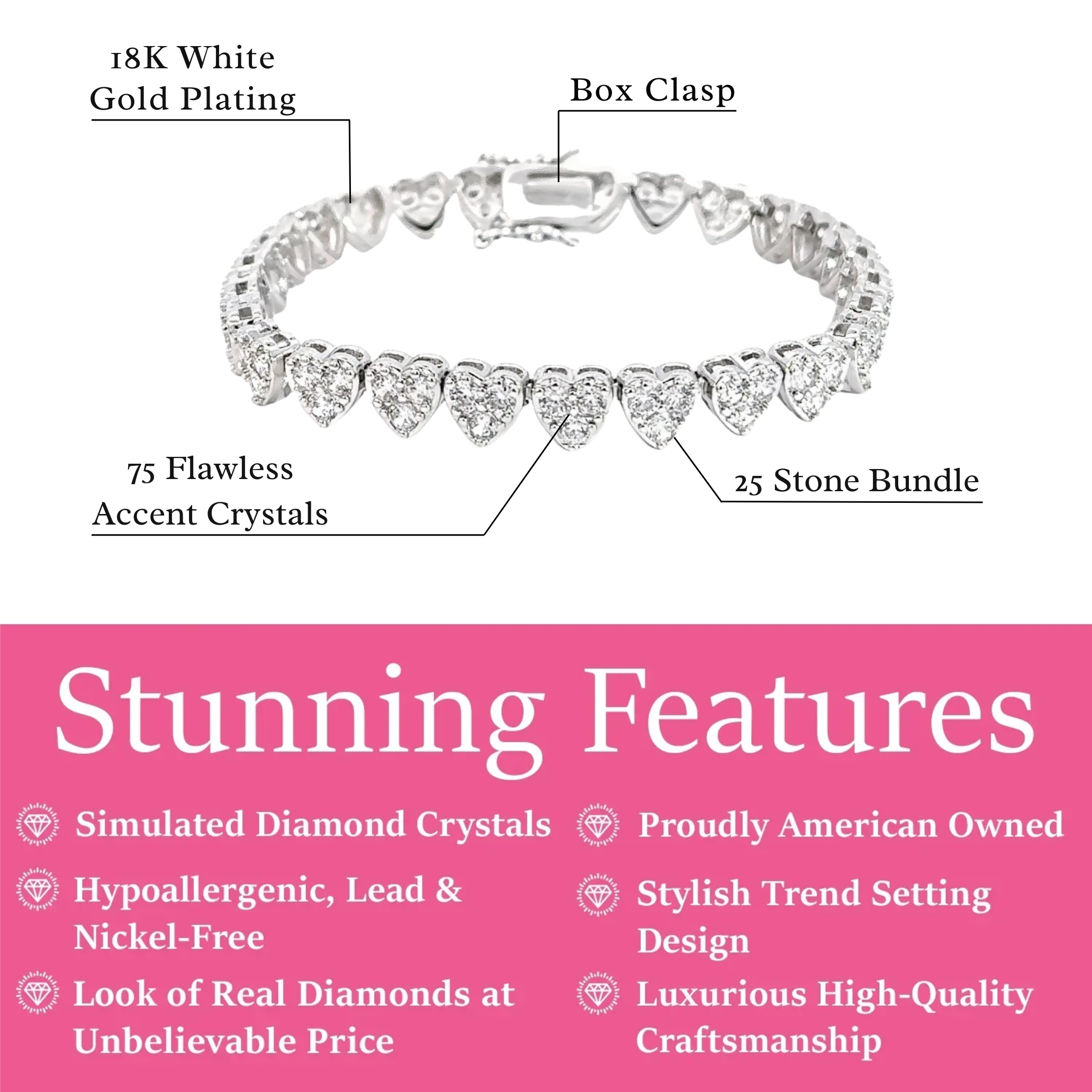 Donna 18k White Gold Plated Silver Heart Bracelet with Simulated Diamond Crystals