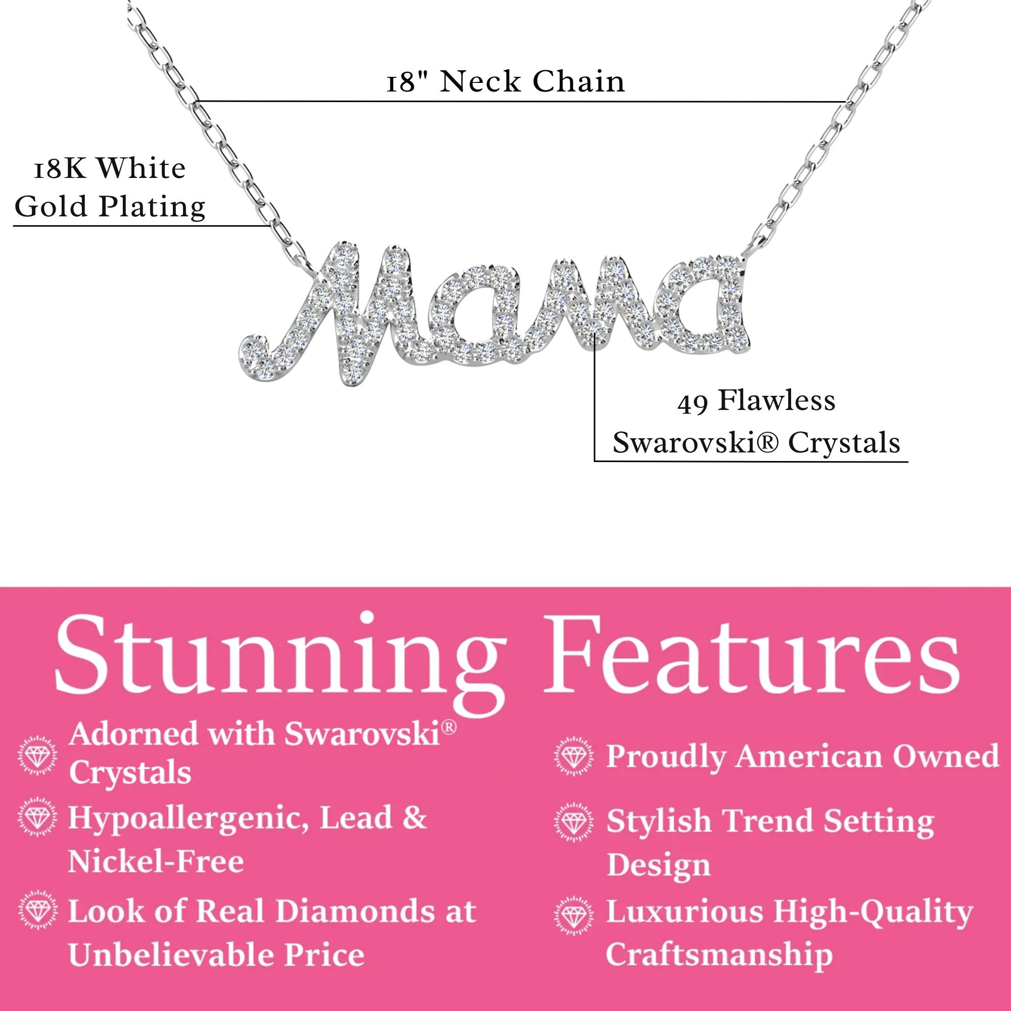 Dorothy 18k White Gold Plated Mama Necklace with Swarovski Crystals & Heartfelt Message for Mom
