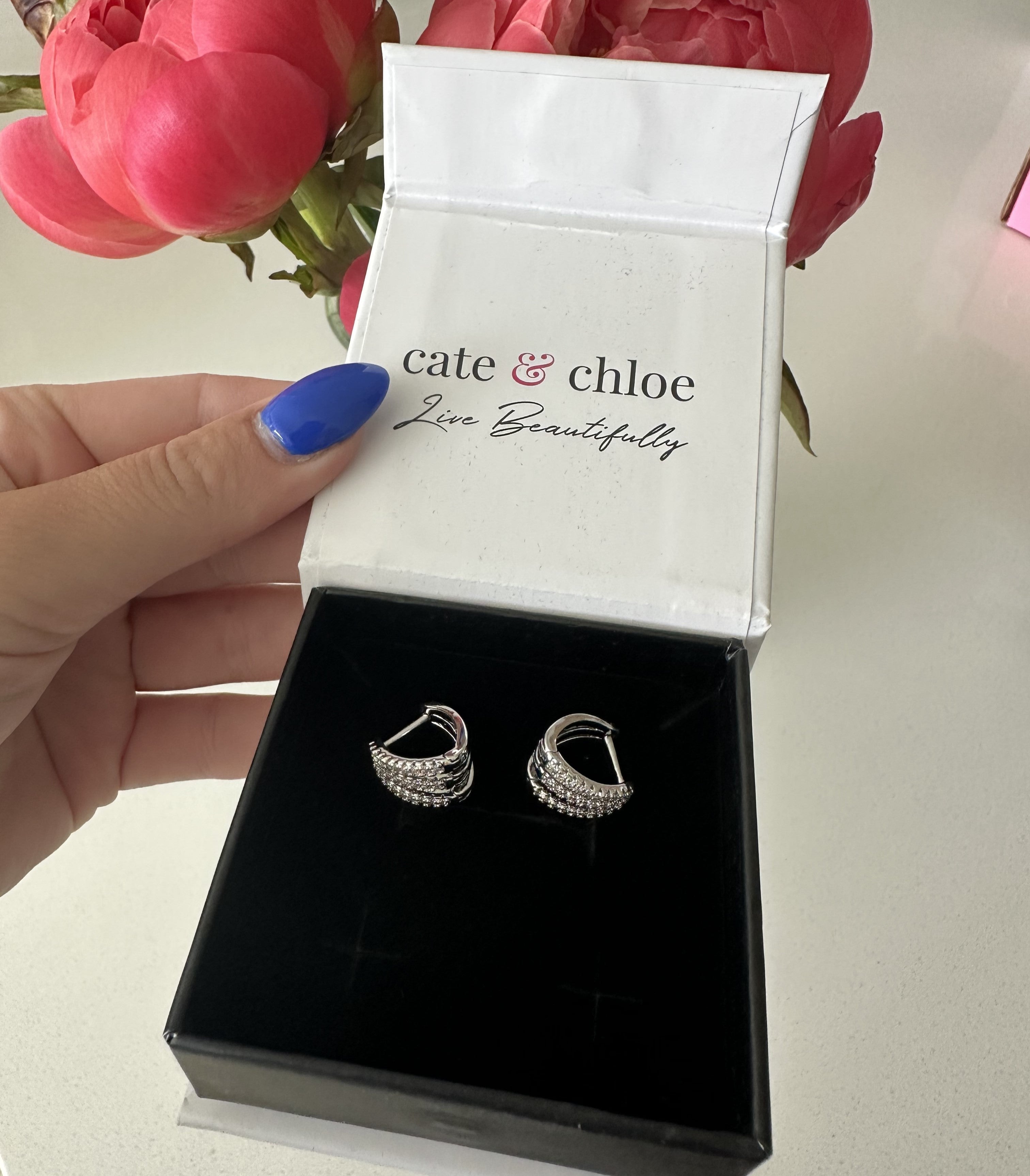 Aliyah 18k White Gold Plated 14mm Hoop Earrings with Simulated Diamond Crystals