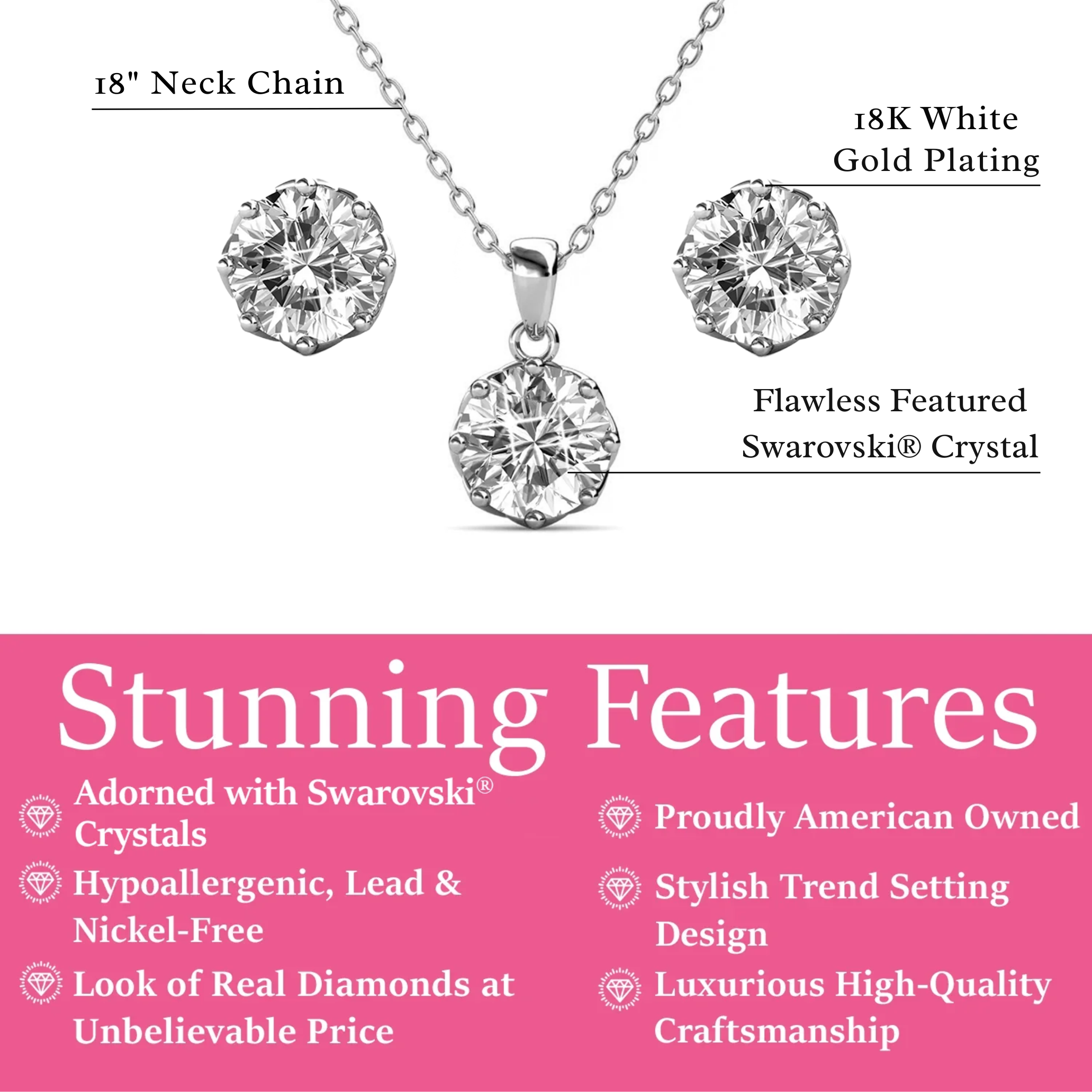 Eden 18k White Gold Plated Silver Necklace and Stud Earring Set with Swarovski Crystals