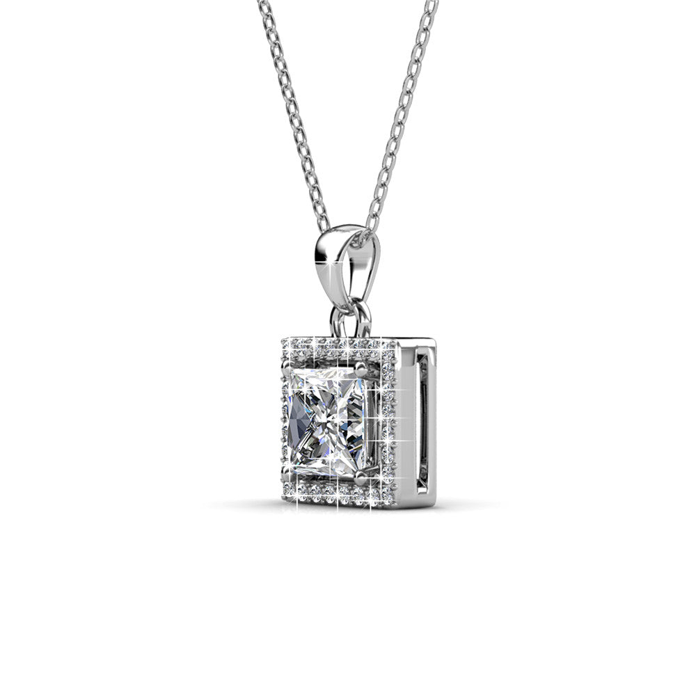 Ekatrina 18k White Gold Plated Halo Pendant Necklace with Sparkling Square Cut Swarovski Crystal