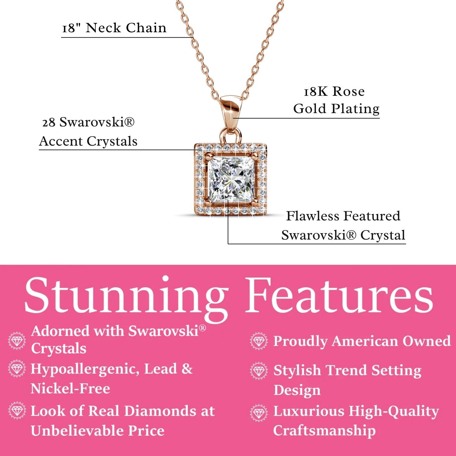 Ekatrina 18k White Gold Plated Halo Pendant Necklace with Sparkling Square Cut Swarovski Crystal