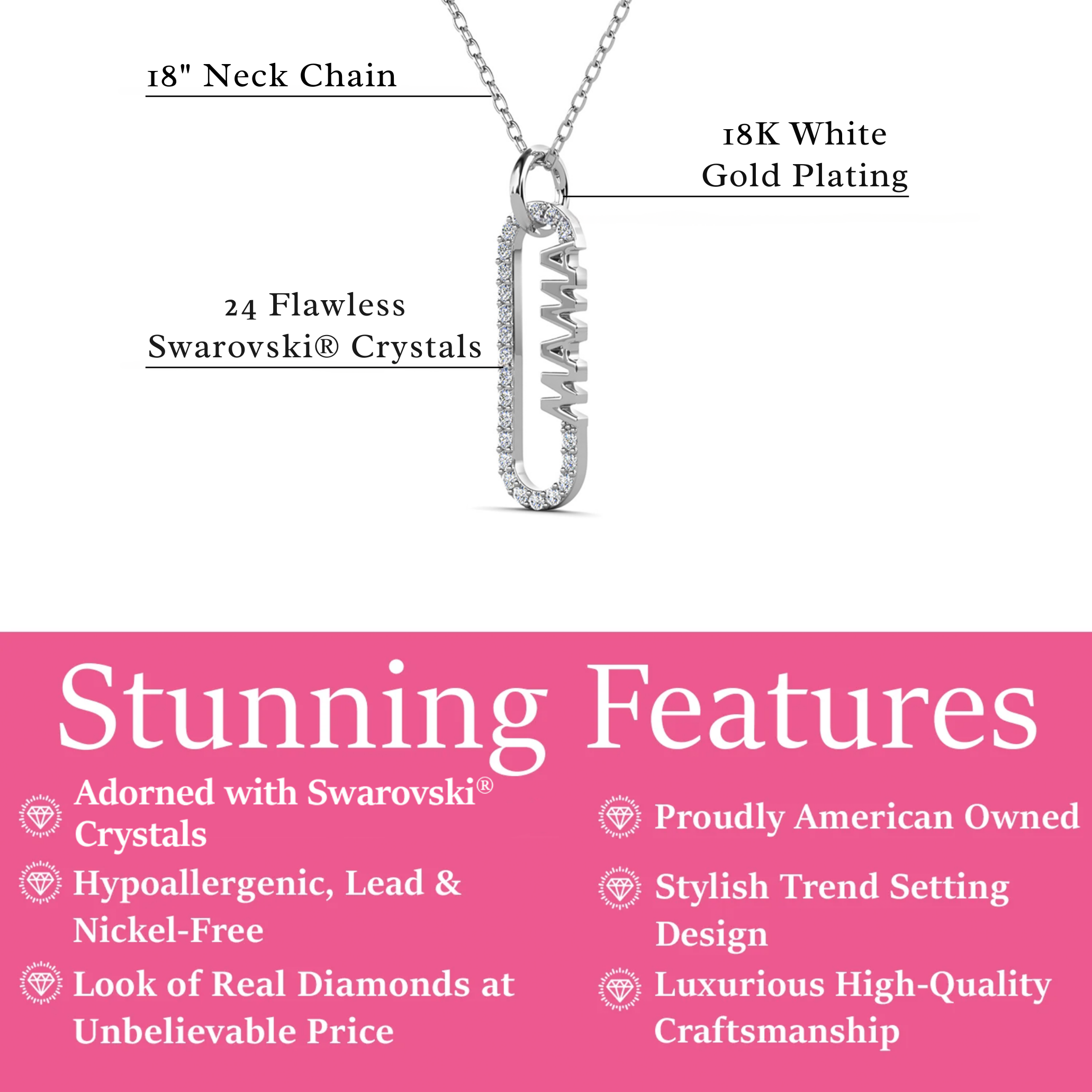 Elaine 18k White Gold Plated Mama Necklace with Swarovski Crystals & Heartfelt Message for Mom