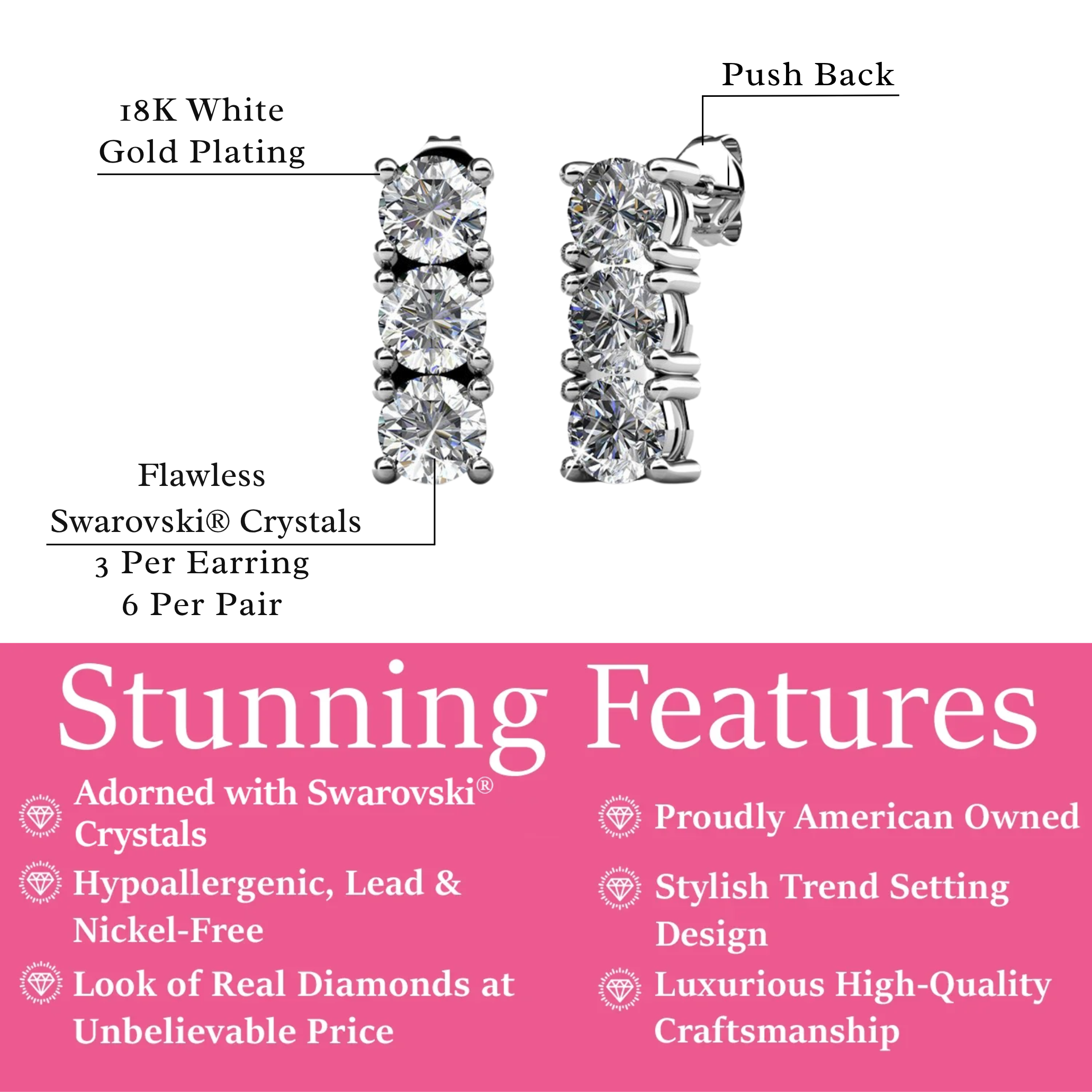 Eliana 18k White Gold Plated Stud Earrings with Swarovski Crystals