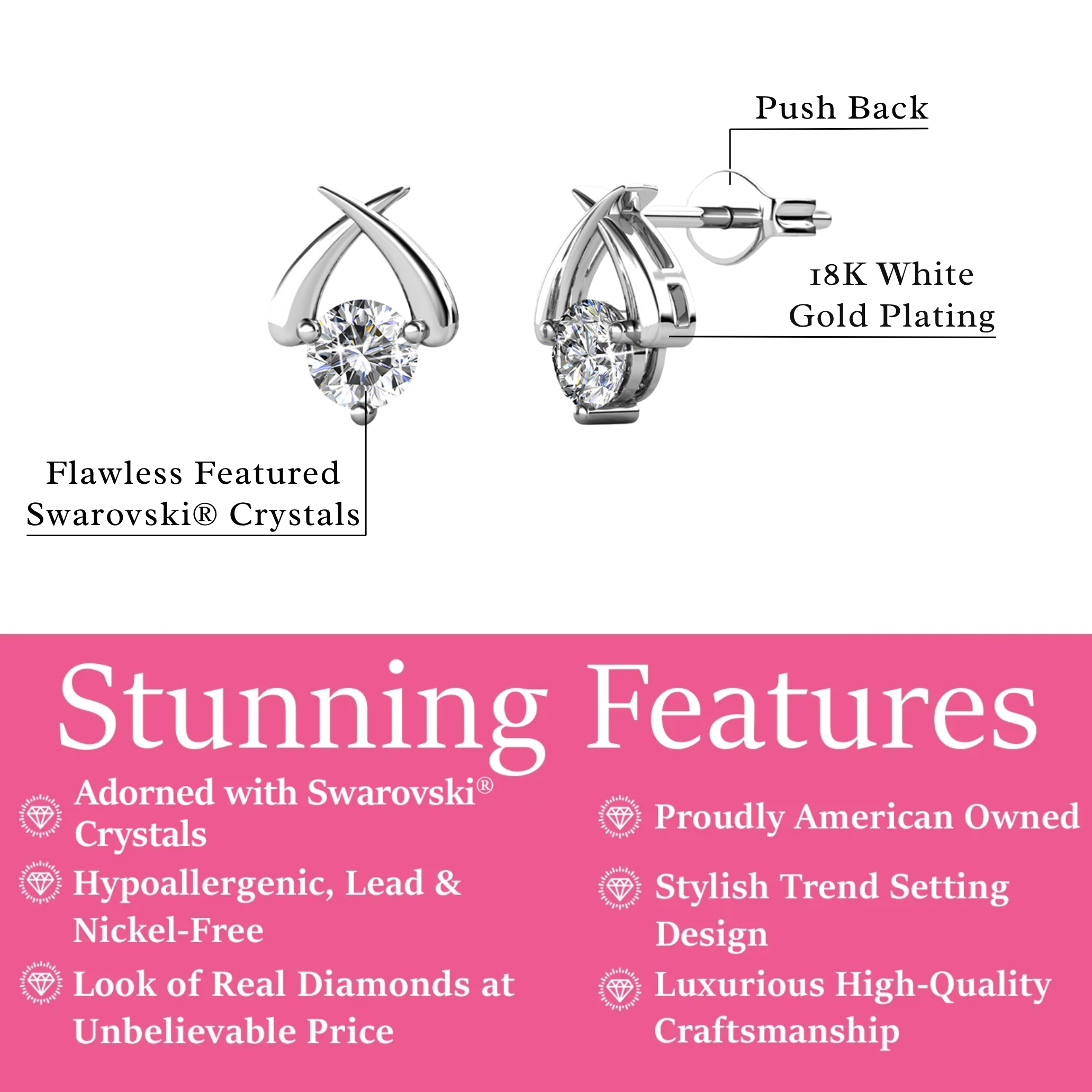 Eloise 18k White Gold Plated Stud Earrings with Solitaire Round Cut Swarovski Crystal