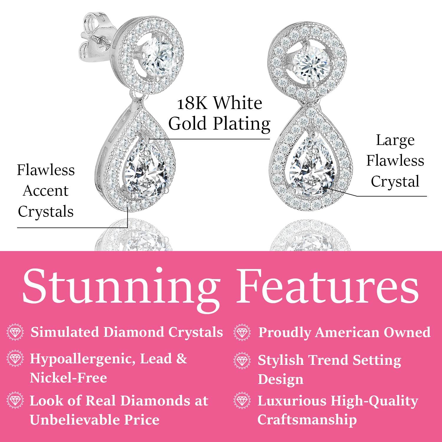 Elora 18k White Gold Plated Silver Tear Drop Stud Earrings with Simulated Diamond CZ Crystals