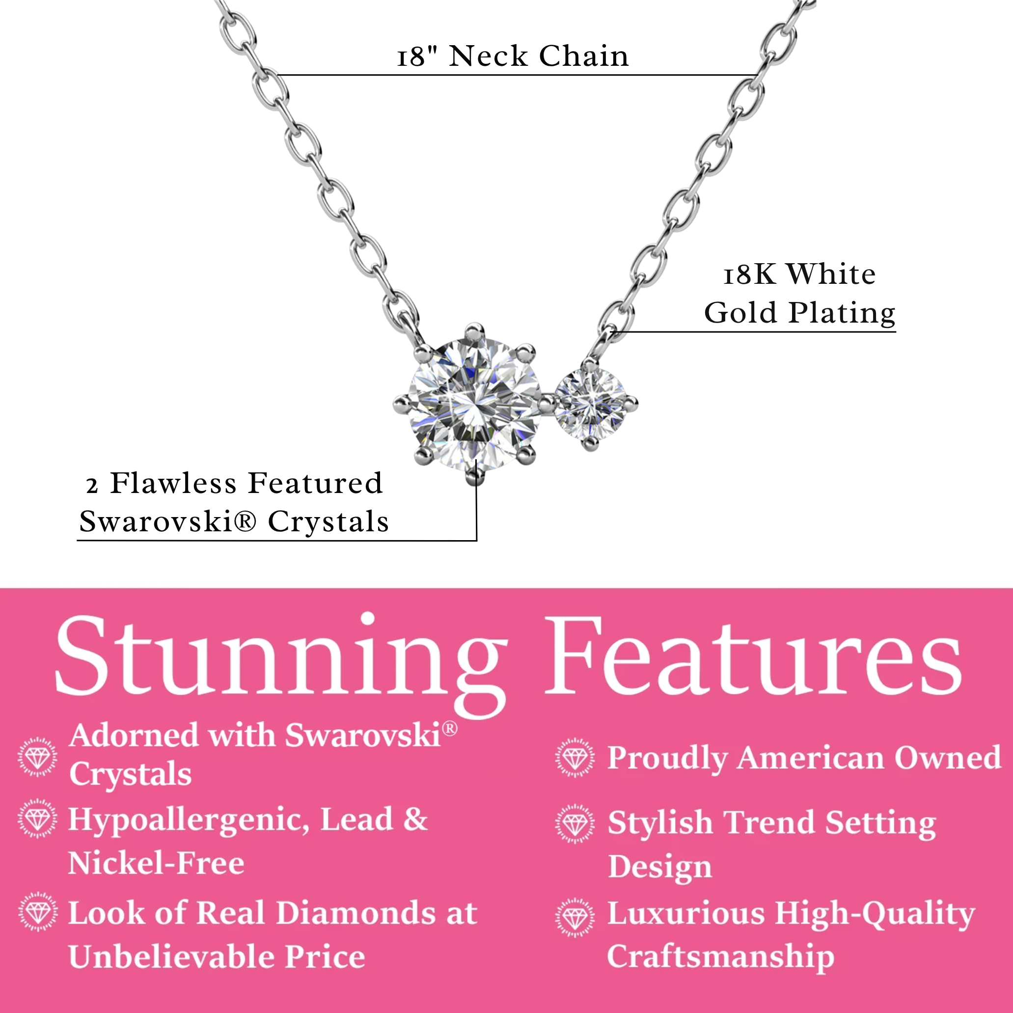 Emma 18k White Gold Plated 2-Stone Pendant Necklace with  Swarovski Crystals - FAB FAV