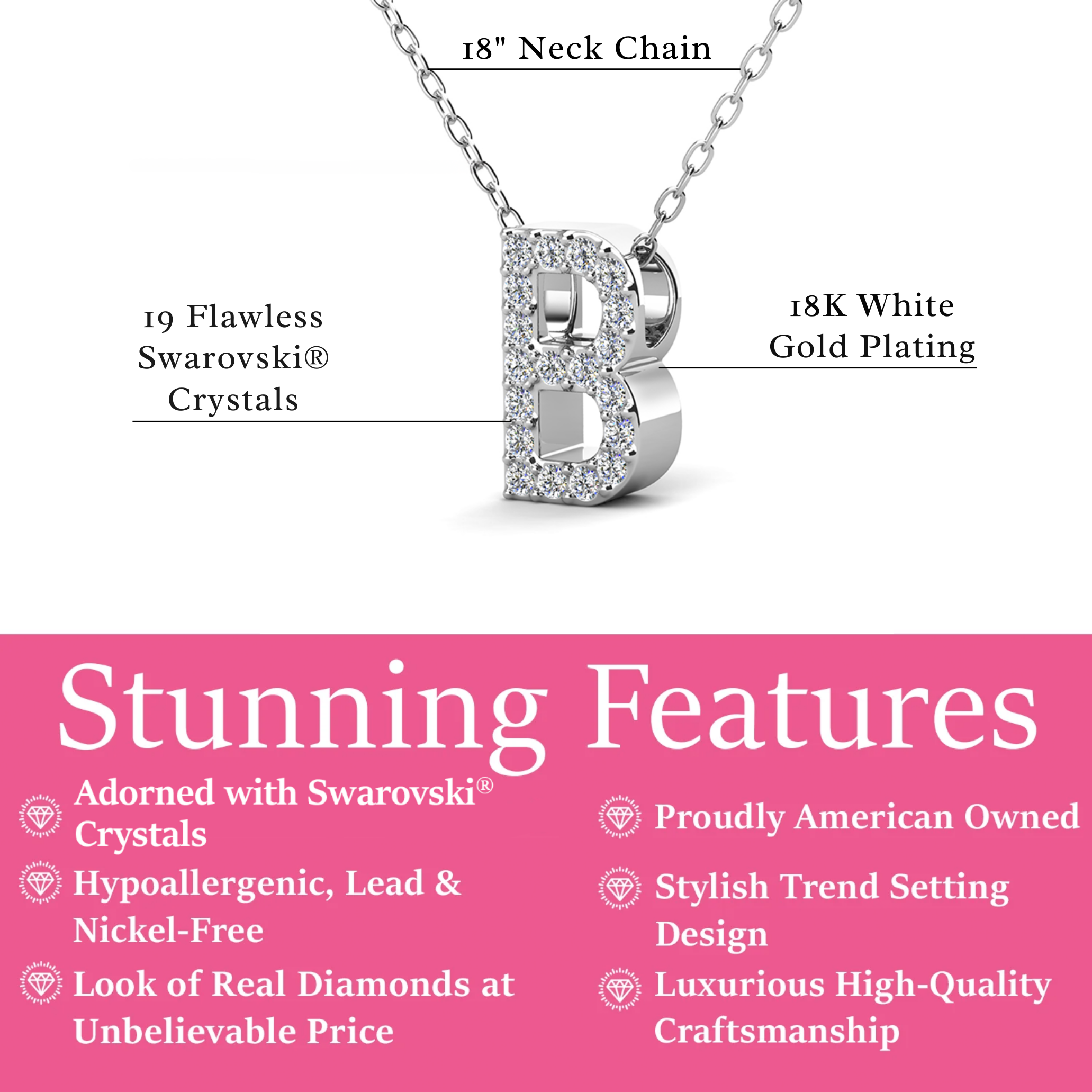 Ethereal Collection 18k White Gold Plated Initial Letter Pendant Necklace with Swarovski Crystals