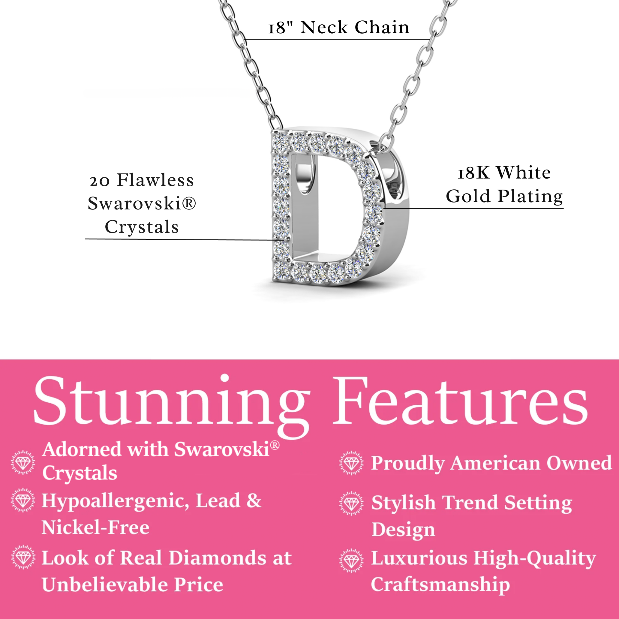 Ethereal Collection 18k White Gold Plated Initial Letter Pendant Necklace with Swarovski Crystals