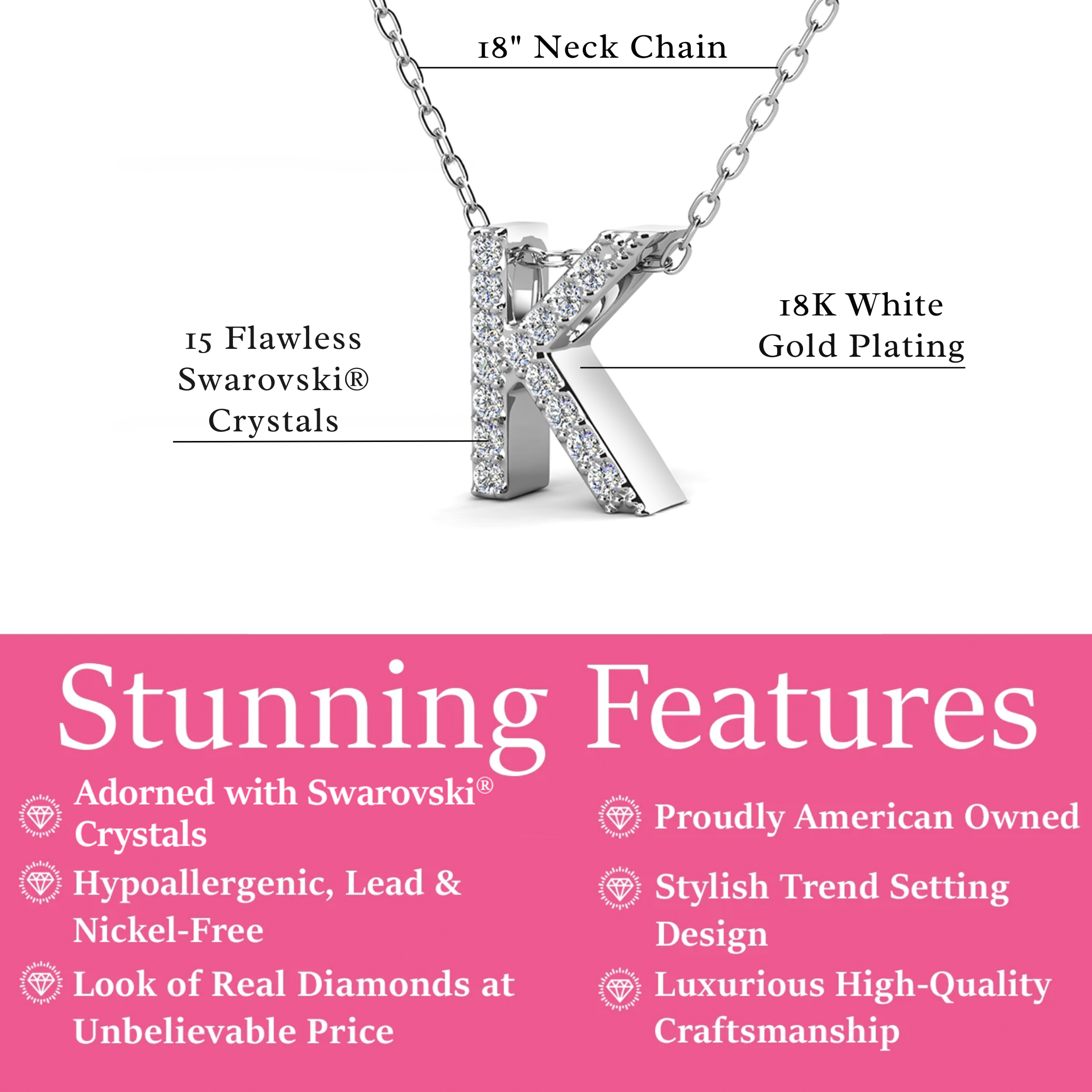 Ethereal Collection 18k White Gold Plated Initial Letter Pendant Necklace with Swarovski Crystals