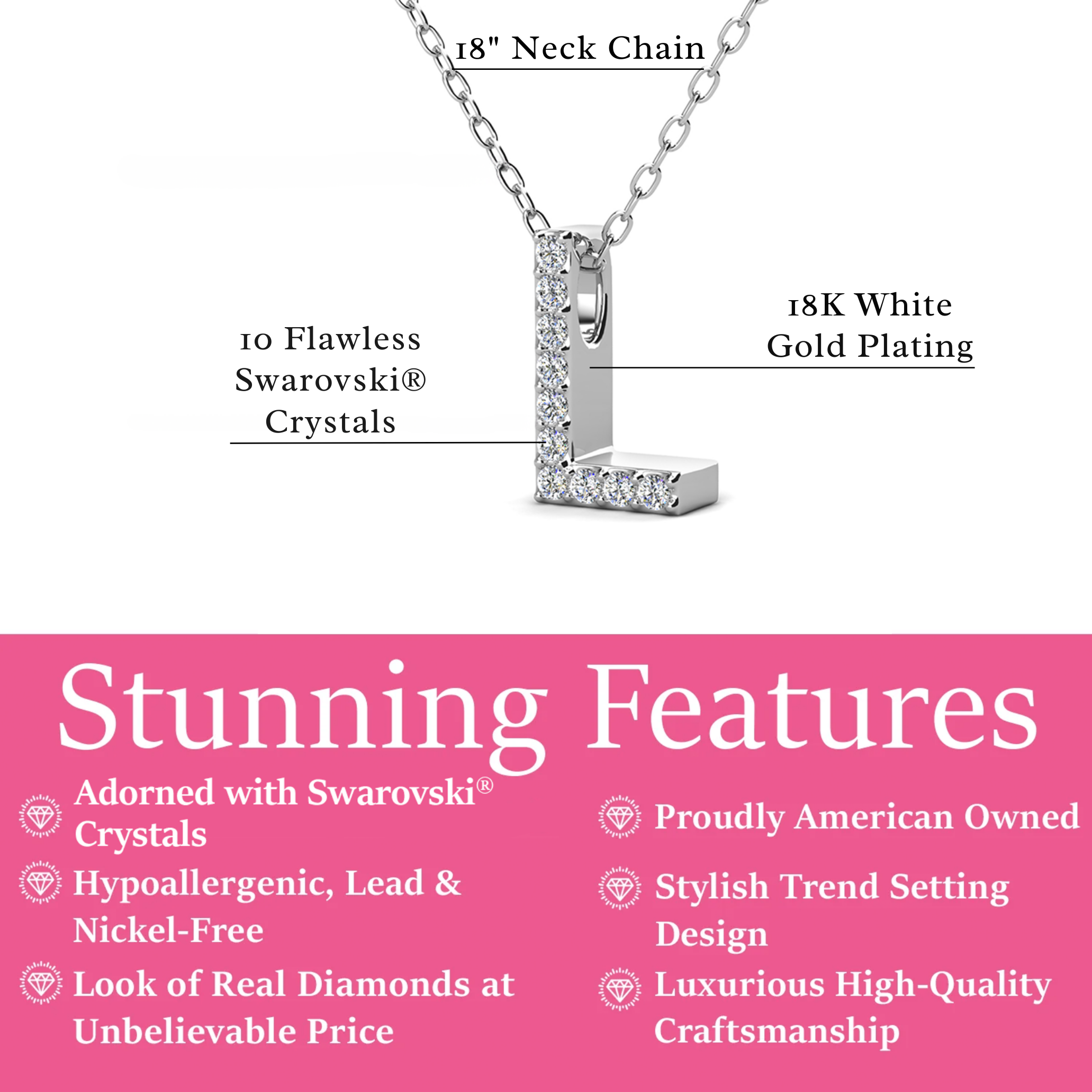 Ethereal Collection 18k White Gold Plated Initial Letter Pendant Necklace with Swarovski Crystals