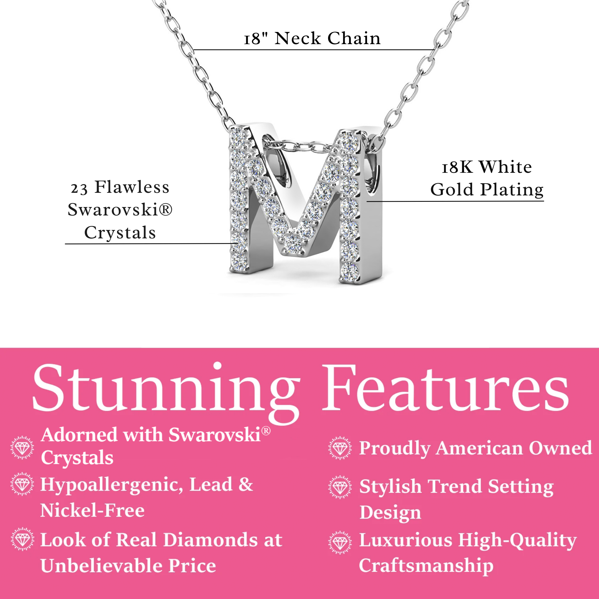 Ethereal Collection 18k White Gold Plated Initial Letter Pendant Necklace with Swarovski Crystals