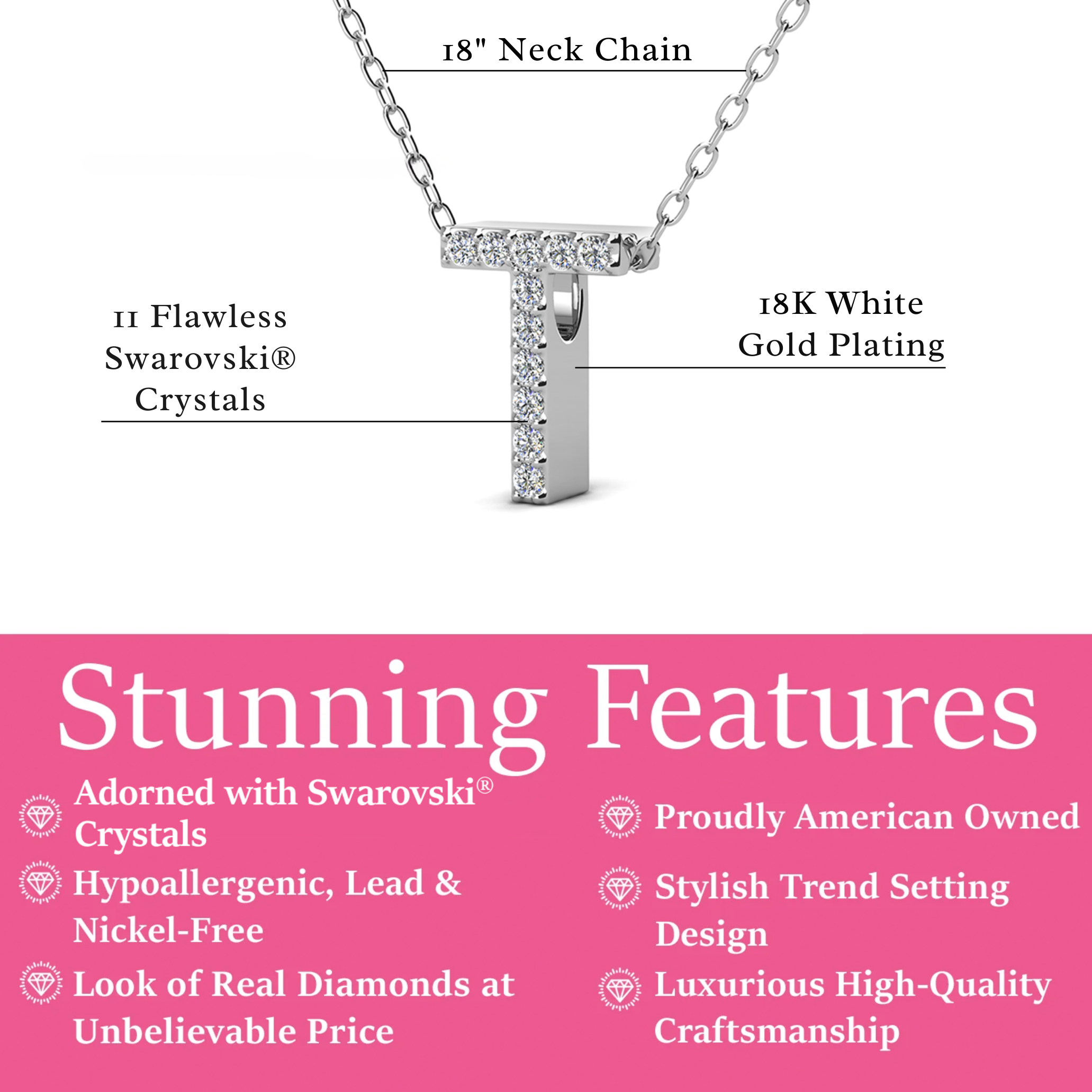 Ethereal Collection 18k White Gold Plated Initial Letter Pendant Necklace with Swarovski Crystals