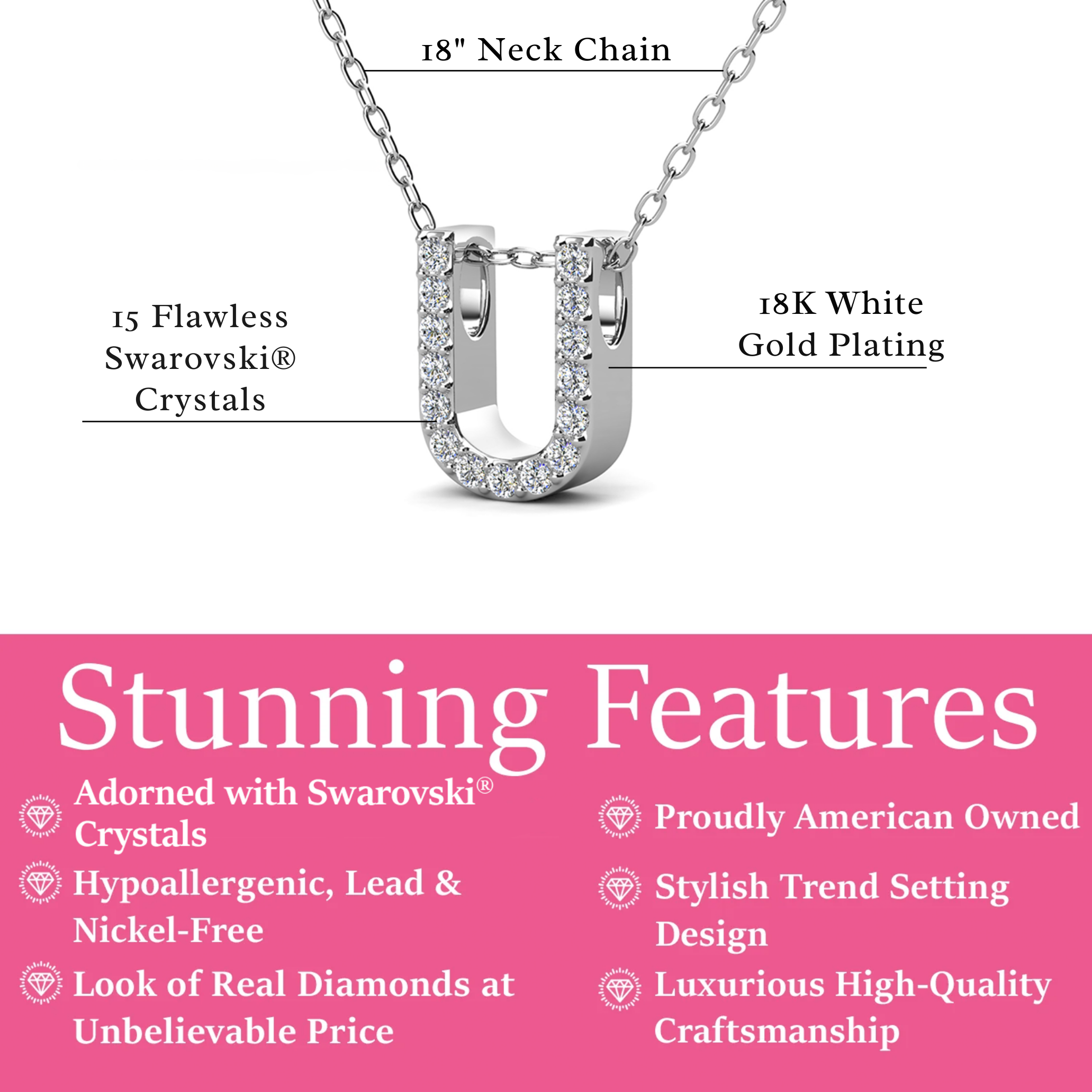 Ethereal Collection 18k White Gold Plated Initial Letter Pendant Necklace with Swarovski Crystals