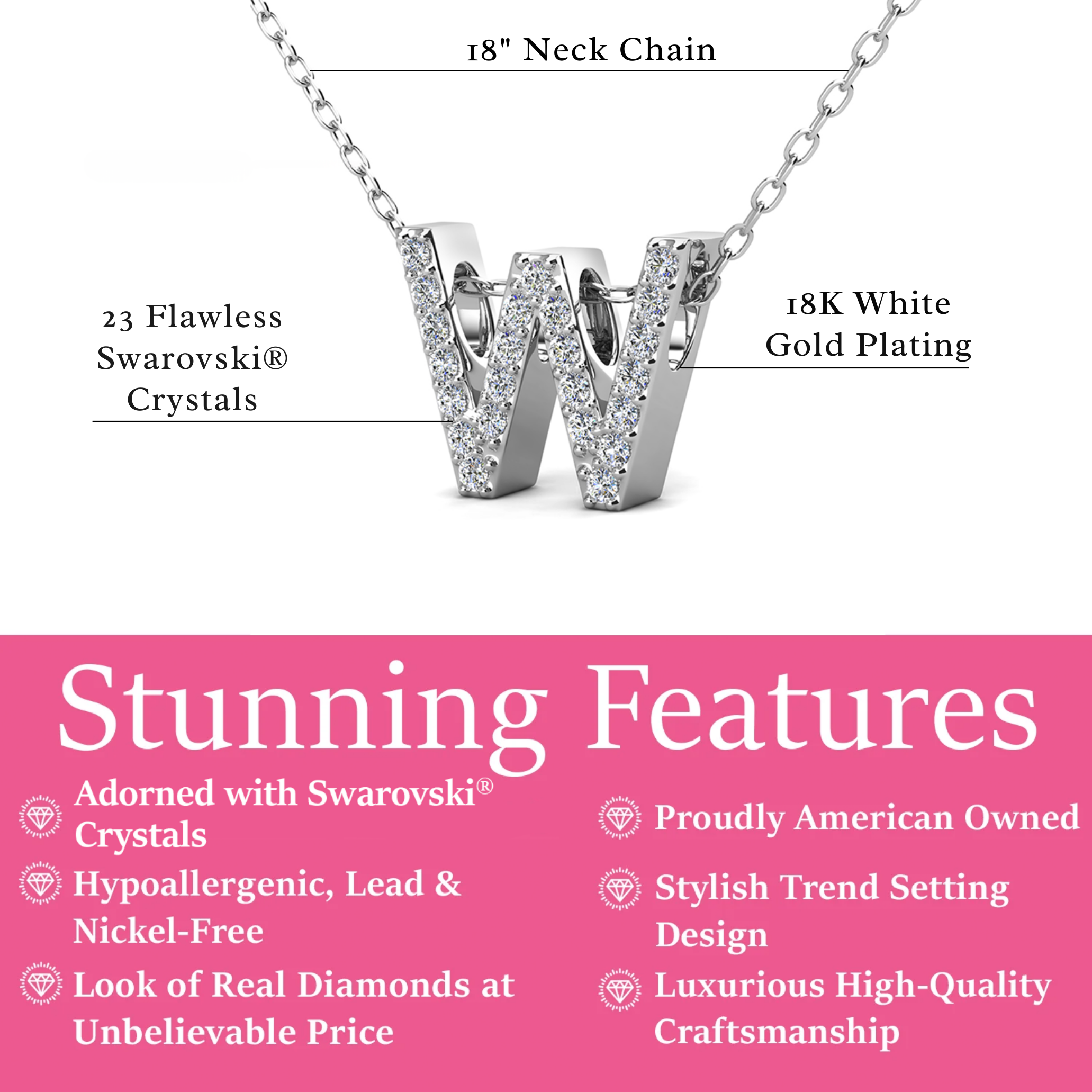 Ethereal Collection 18k White Gold Plated Initial Letter Pendant Necklace with Swarovski Crystals