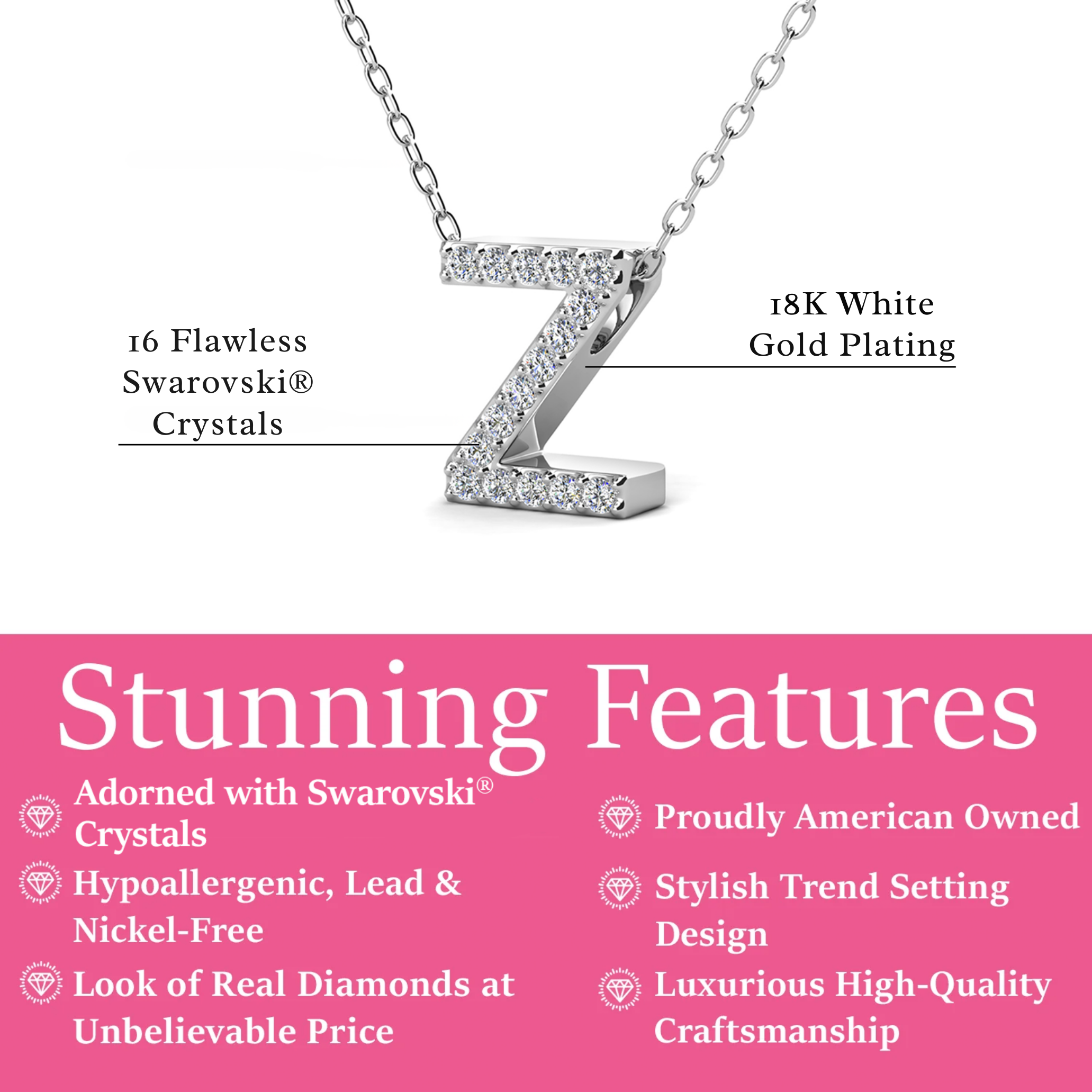 Ethereal Collection 18k White Gold Plated Initial Letter Pendant Necklace with Swarovski Crystals