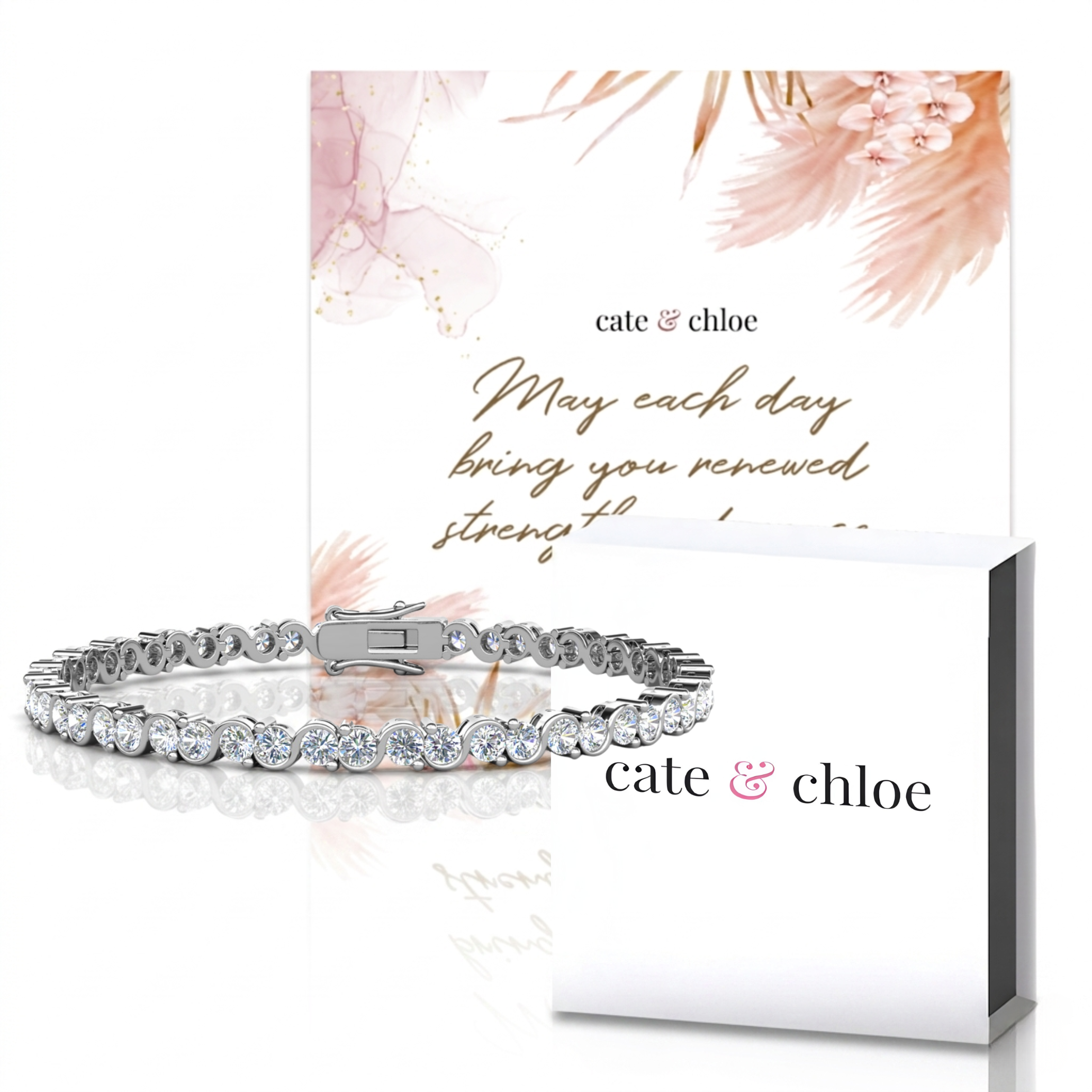 Ezra 18k White Gold Plated Infinity Tennis Bracelet & Strength and Peace Boho Card