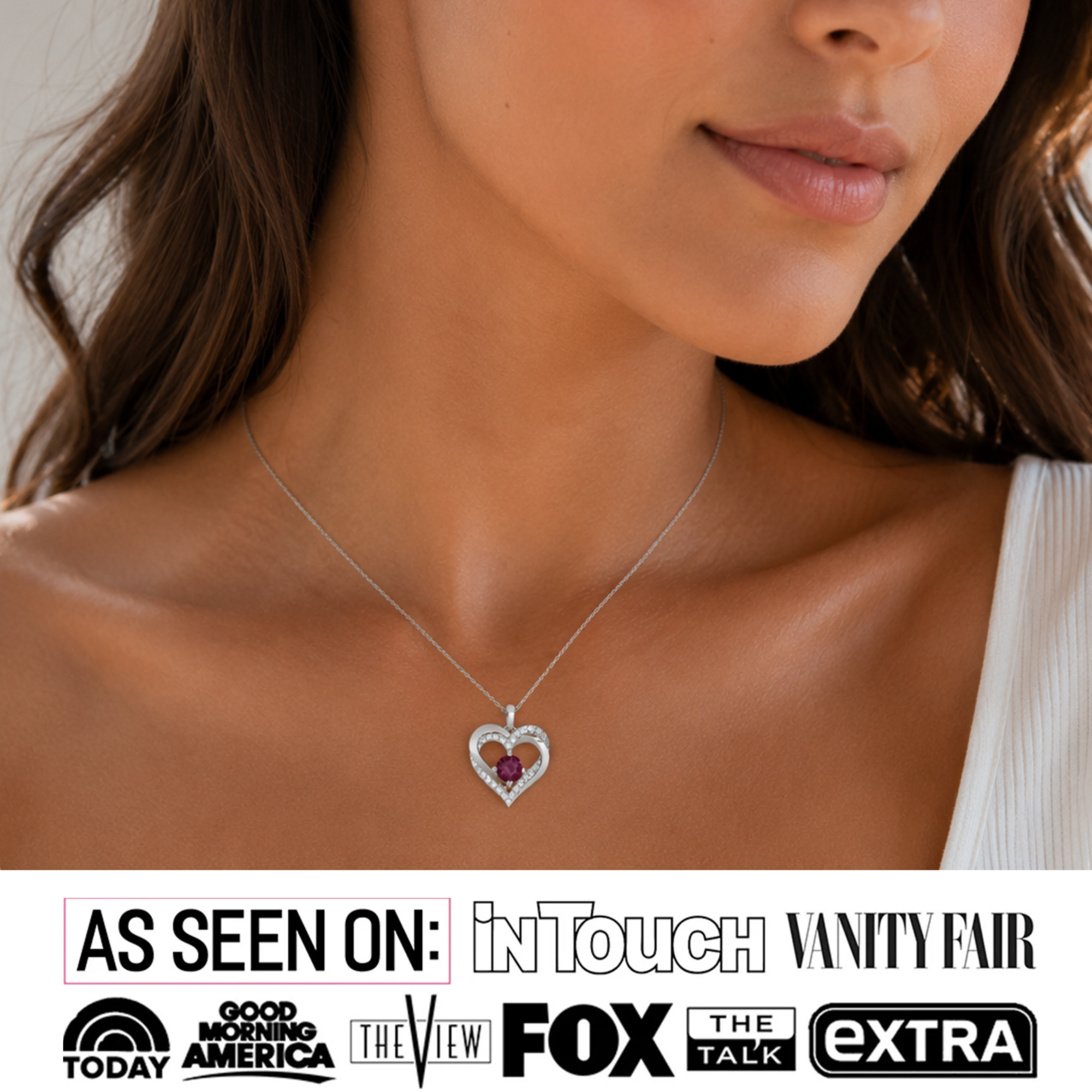 Forever Collar de doble corazón con piedra natal chapado en oro blanco de 18 k y cristales