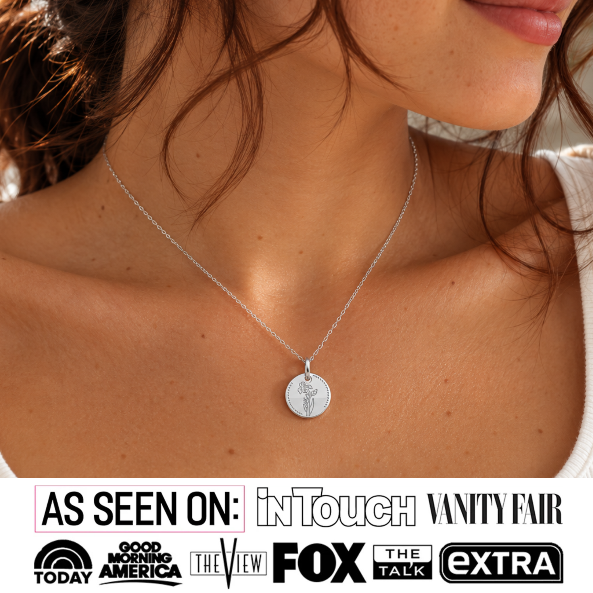 Floral 18k White Gold Plated Engraved Birth Month Flower Pendant Necklace