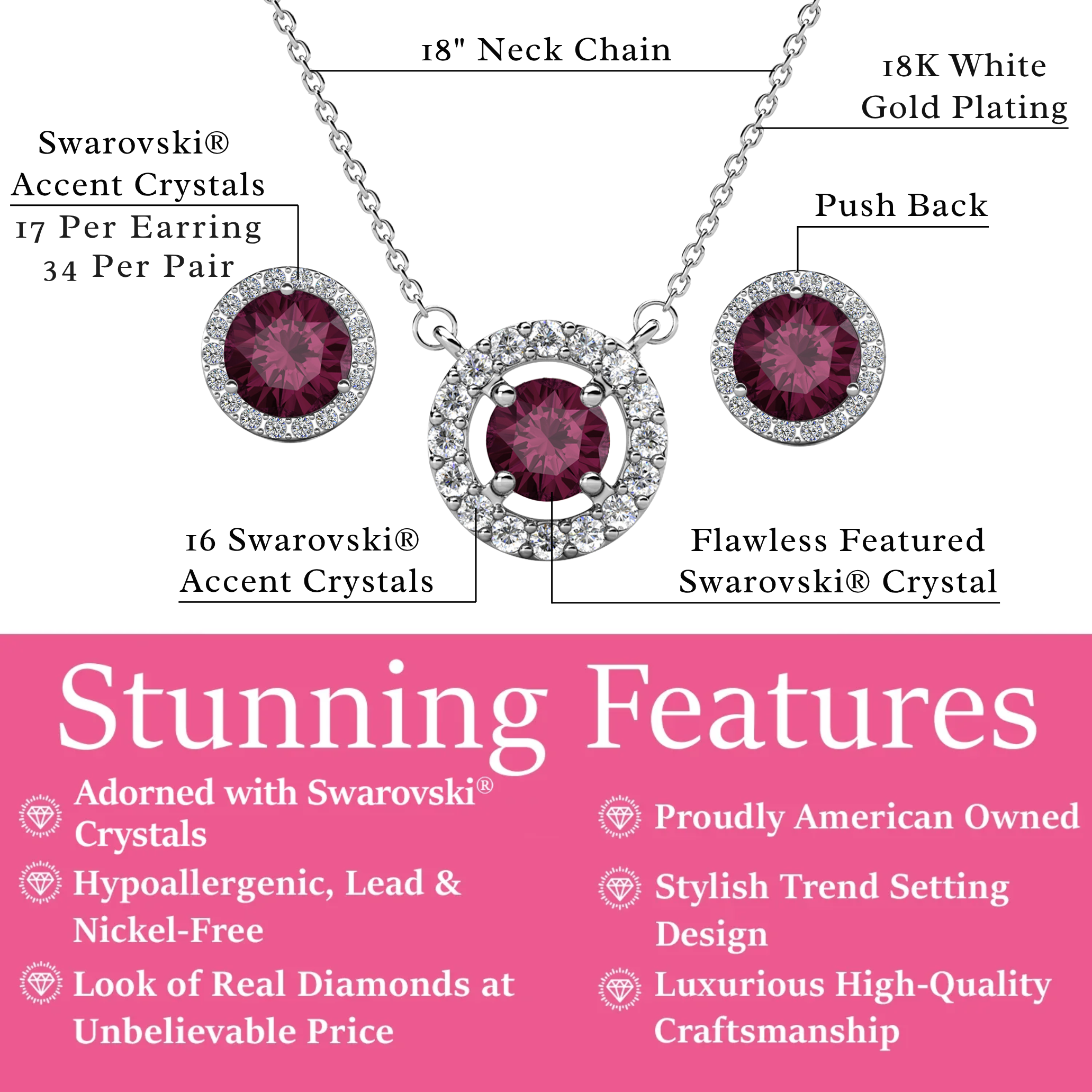 Royal Birthstone 18k White Gold Plated Halo Stud Earrings and Necklace Set with Swarovski Crystals
