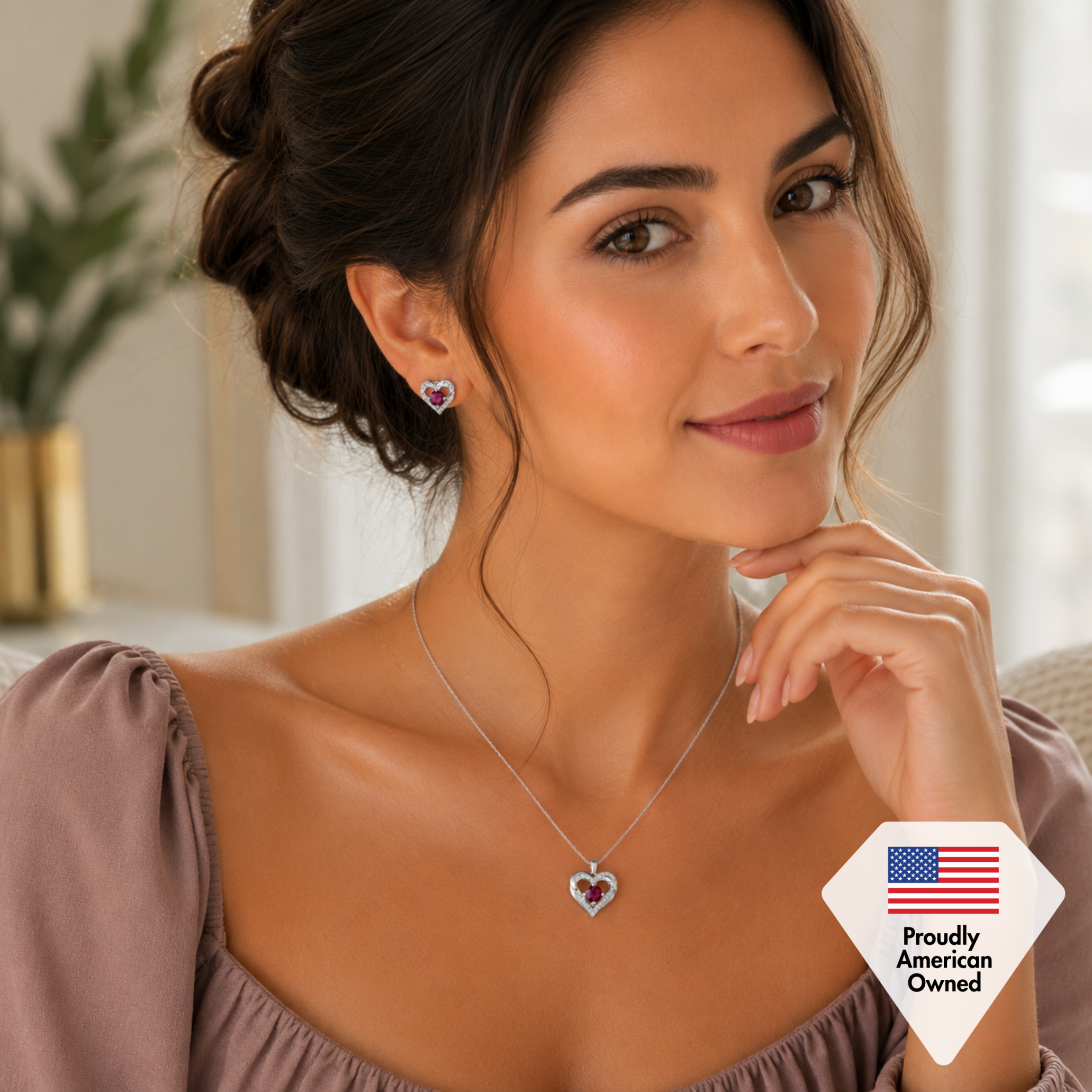 Forever Birthstone 18k White Gold Plated Silver Double Heart Earrings and Necklace Set with Swarovski Crystals