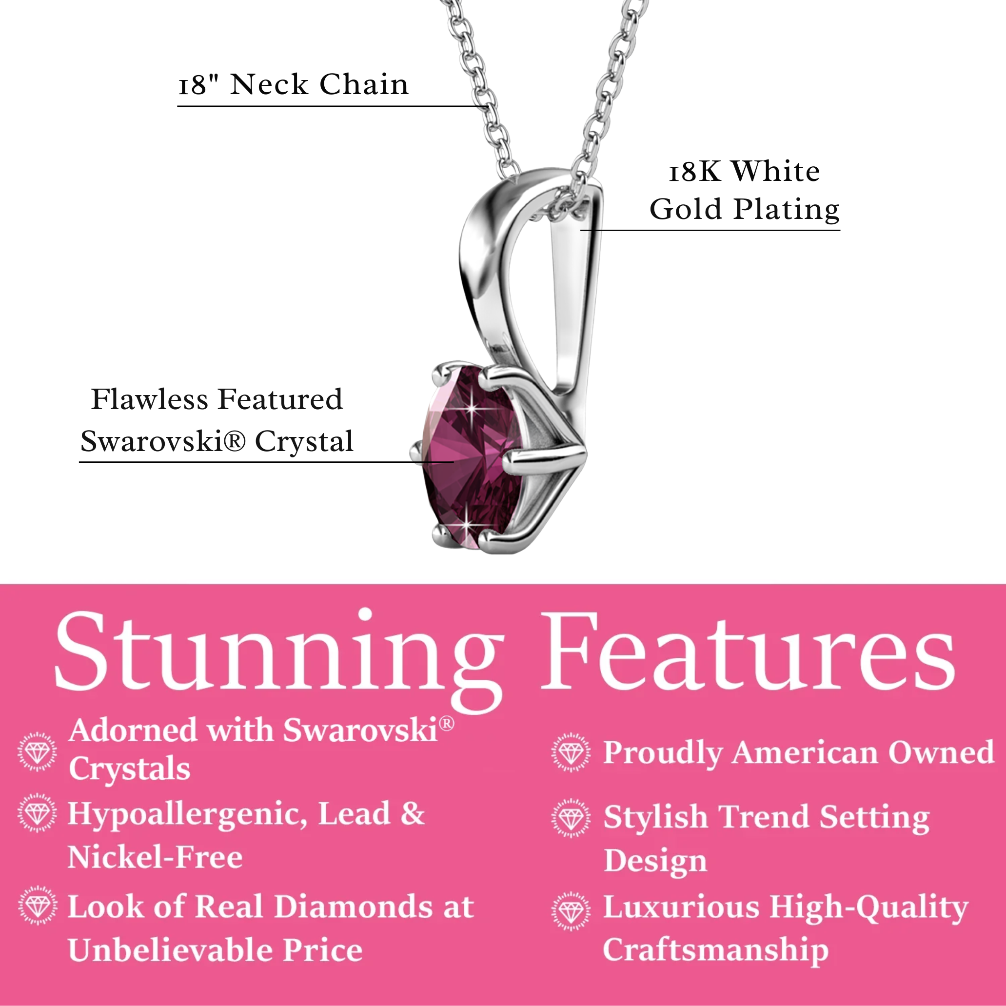 Birthstone Necklace 18k White Gold Plated Solitaire Necklace with 1ct Swarovski Crystal